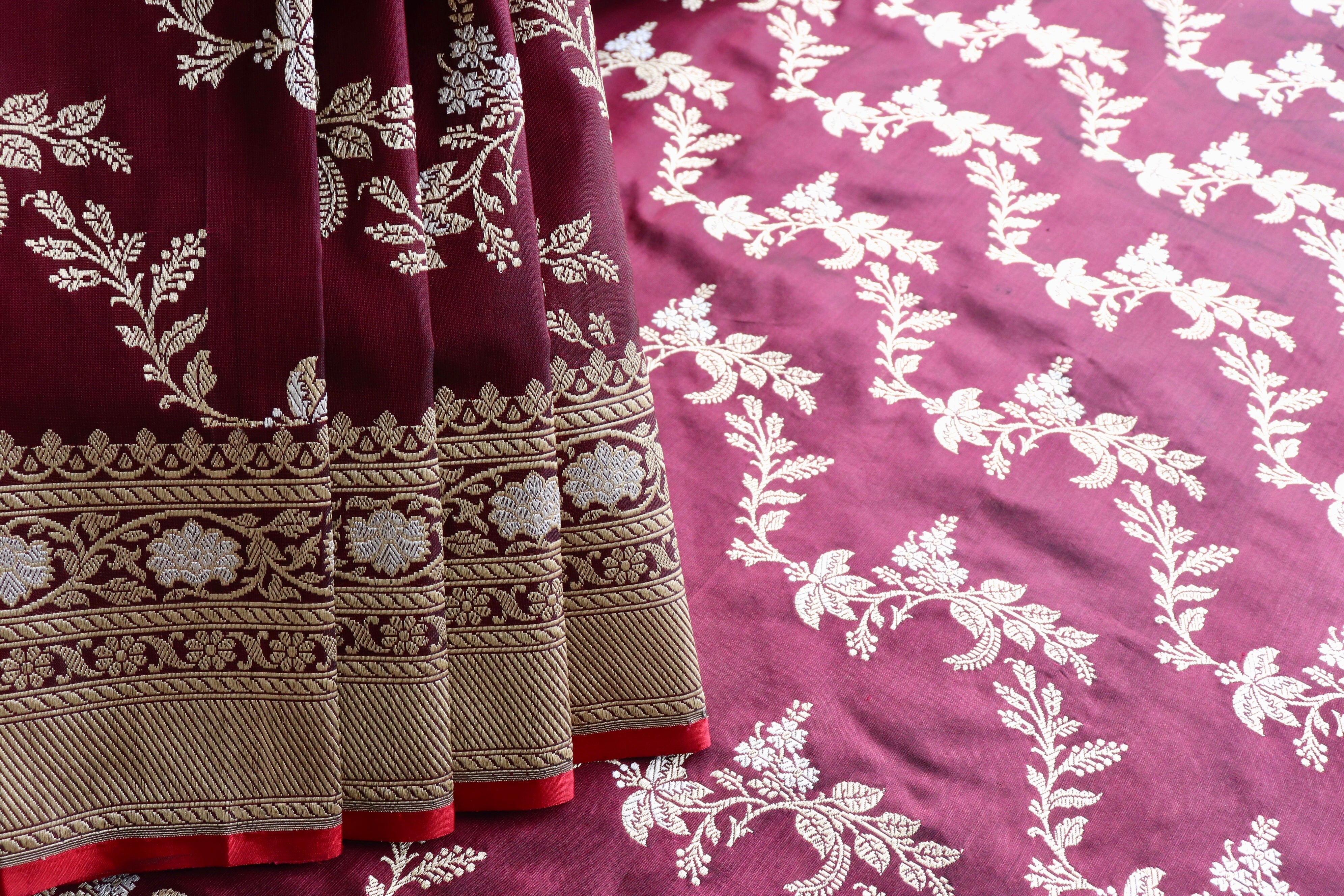 Wine Kadhua Phool Jangla Katan Silk Saree