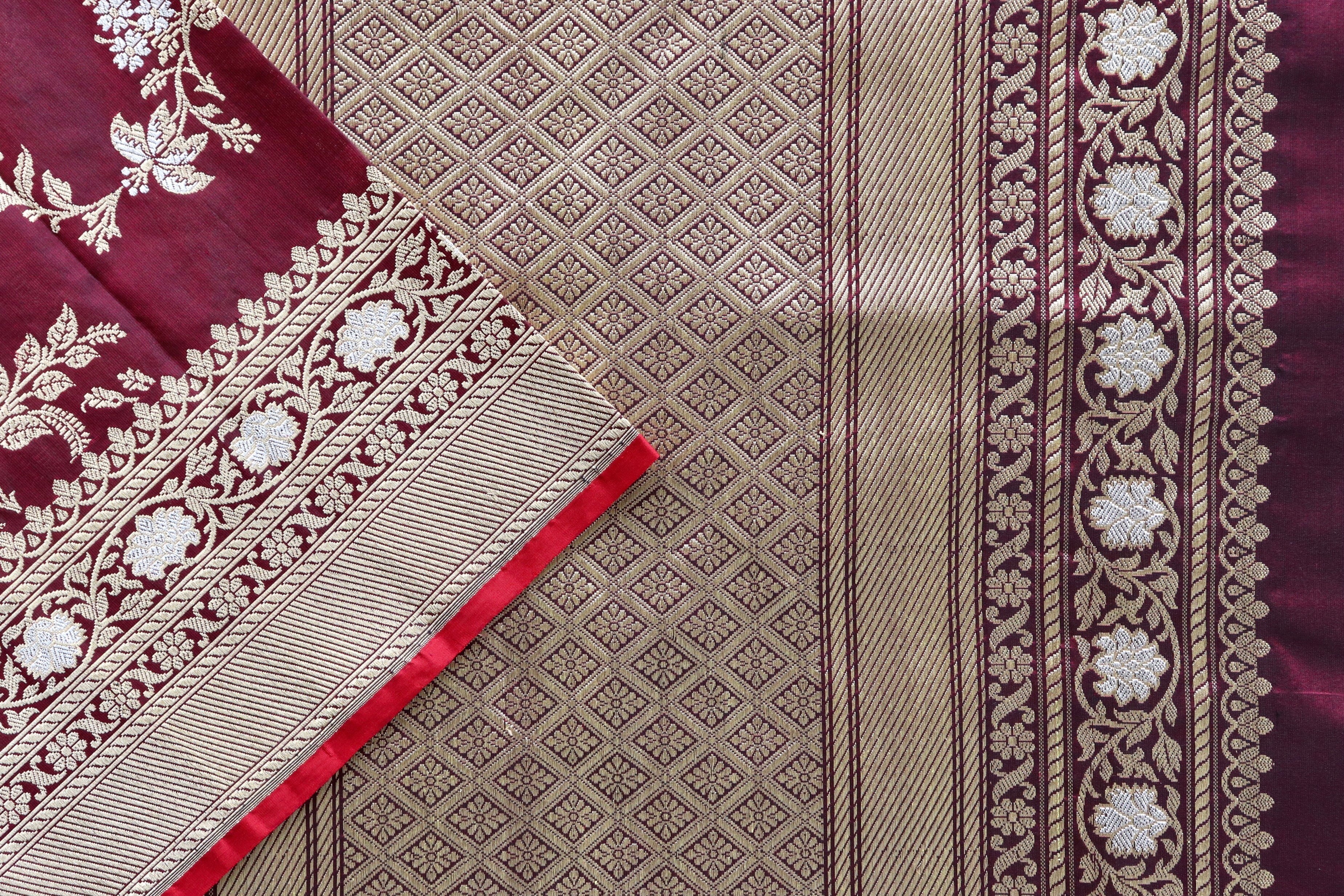 Wine Kadhua Phool Jangla Katan Silk Saree