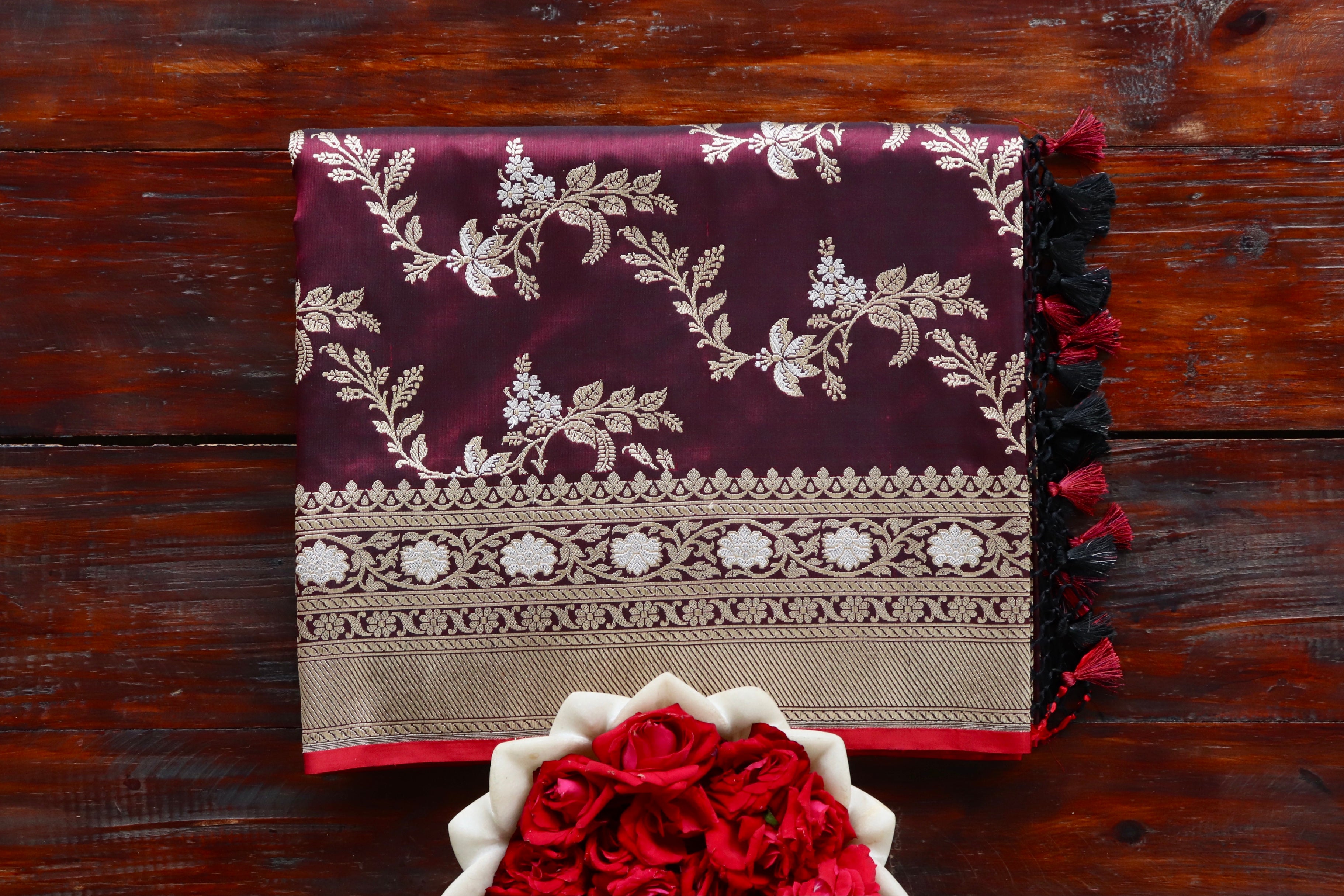 Wine Kadhua Phool Jangla Katan Silk Saree