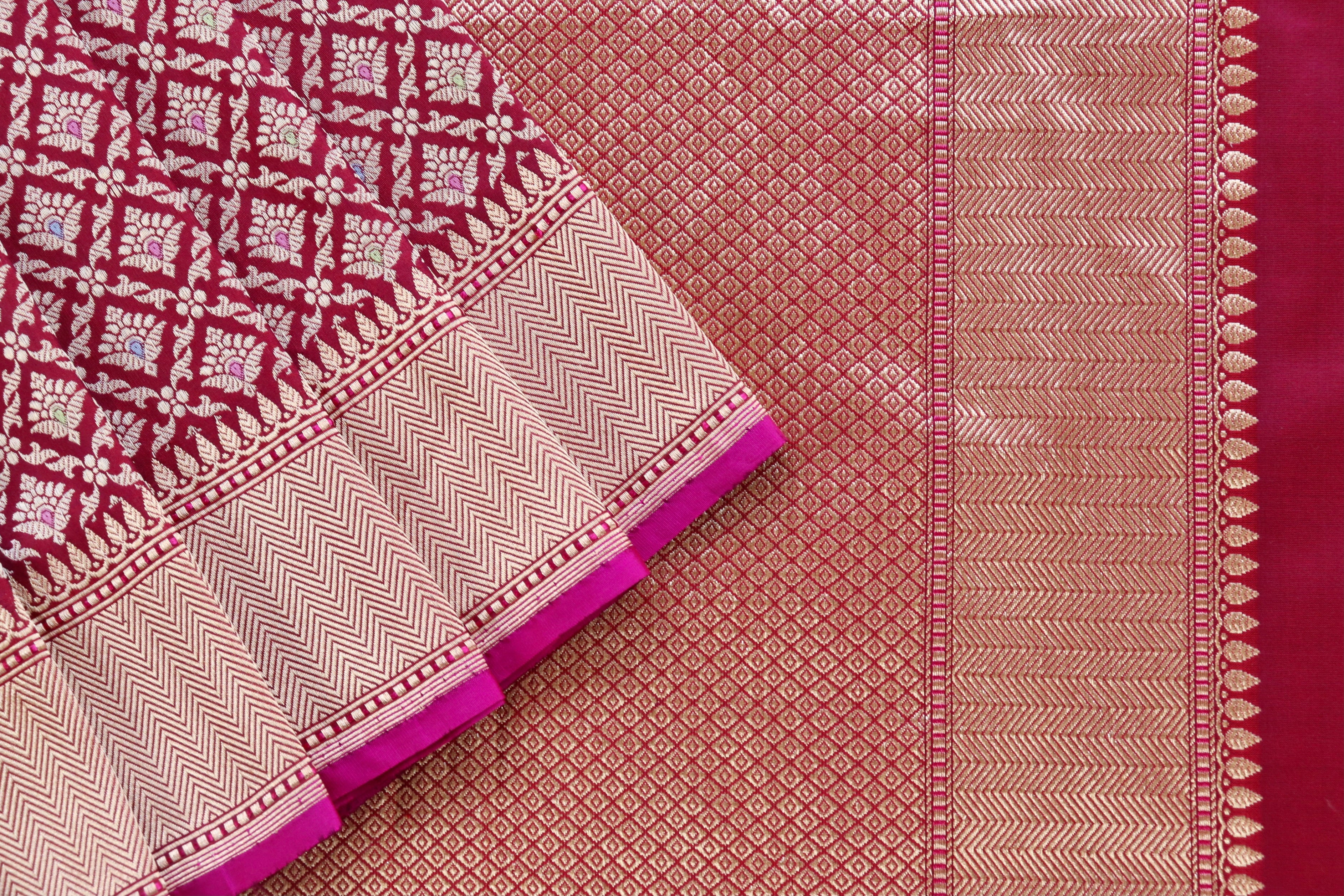 Burgundy Meenadar Tanchoi Pure Silk Handloom Banarasi Saree