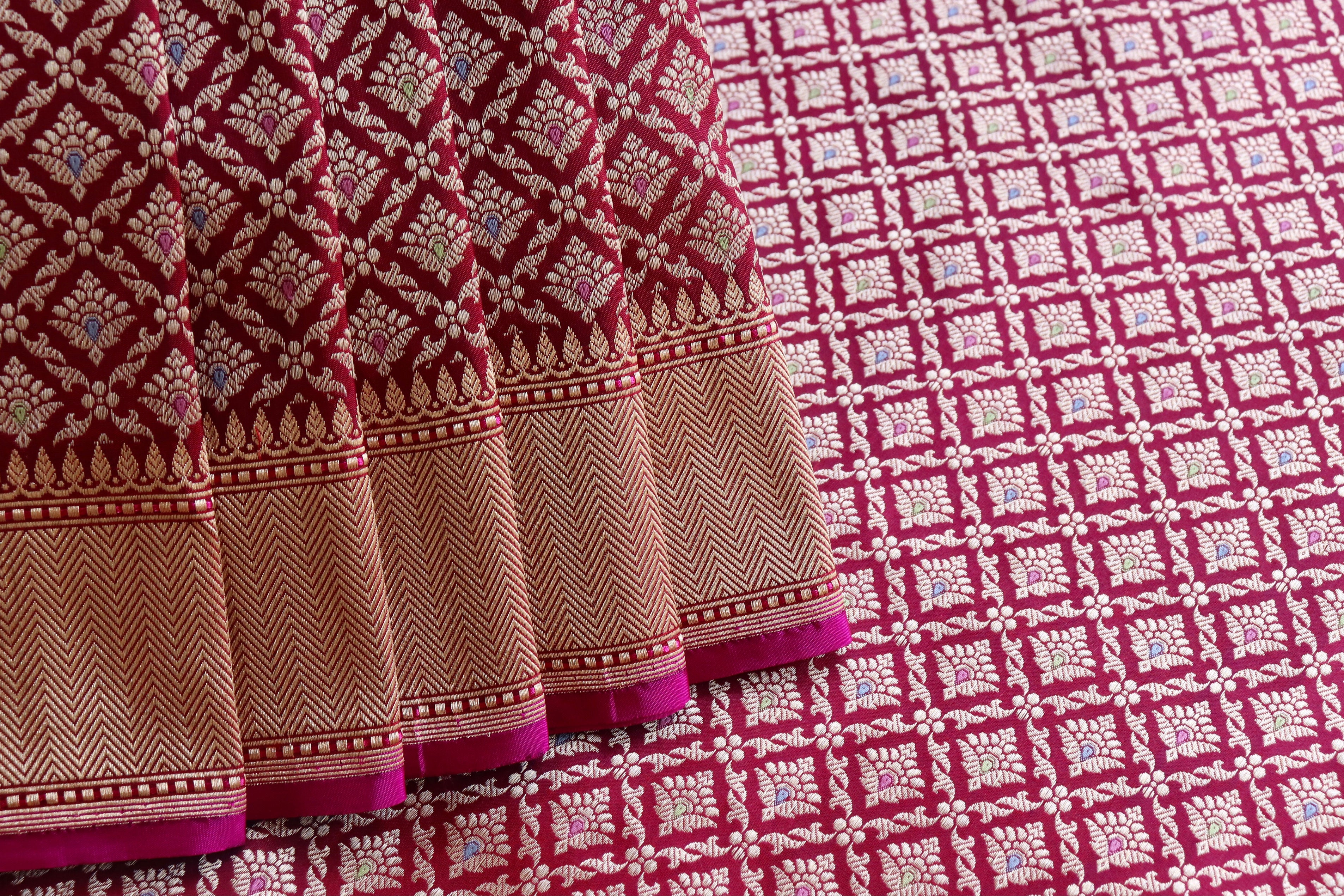 Burgundy Meenadar Tanchoi Pure Silk Handloom Banarasi Saree