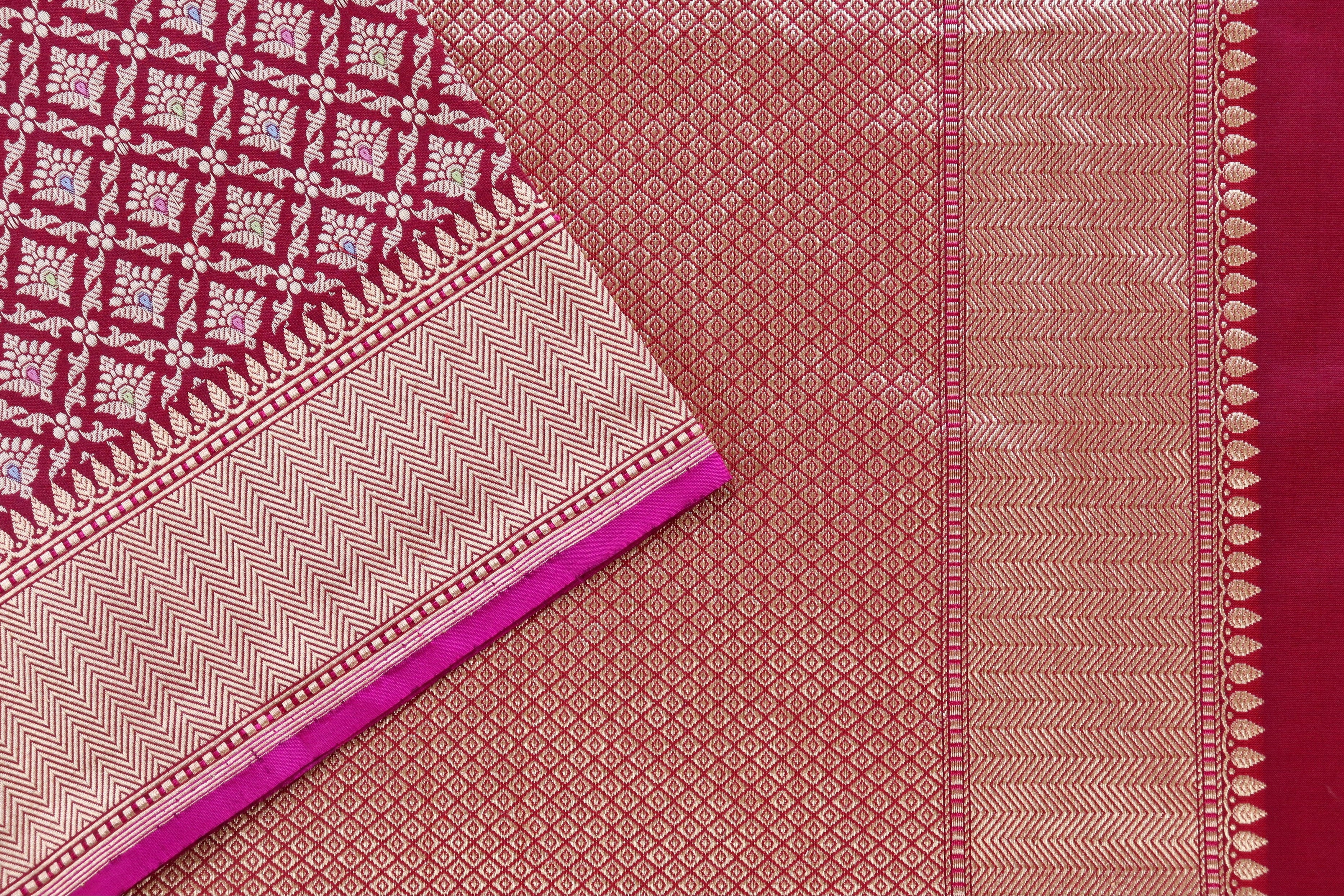 Burgundy Meenadar Tanchoi Pure Silk Handloom Banarasi Saree