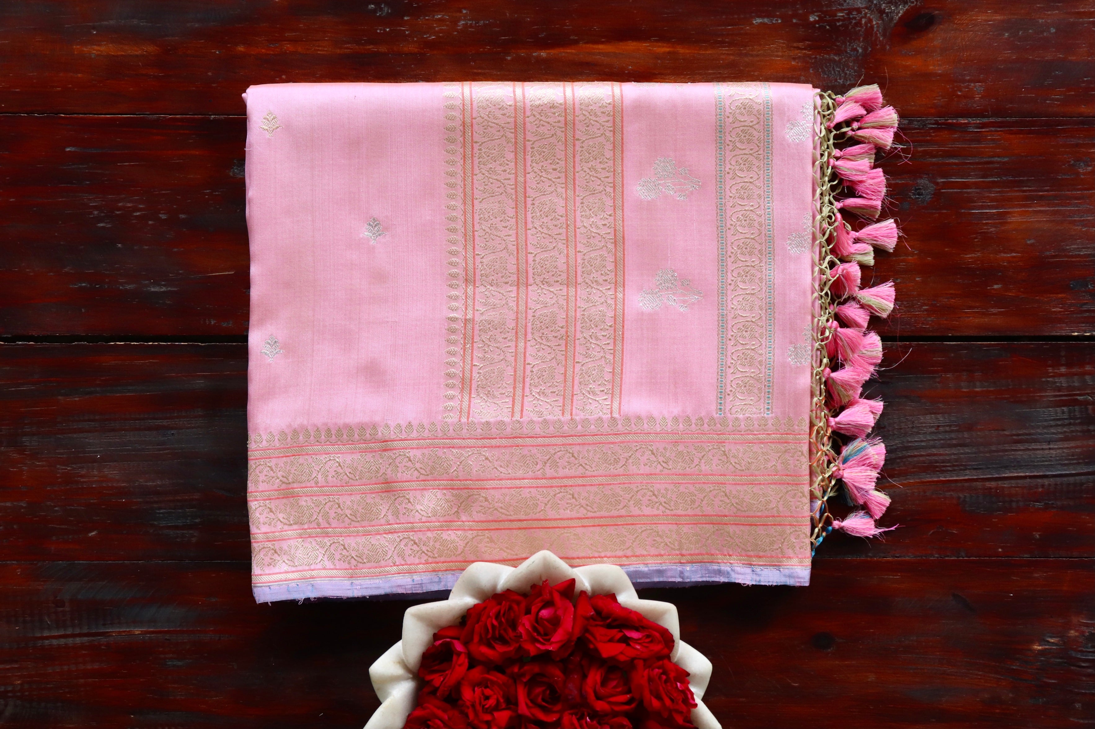 Baby Pink Kadhua Motif Pure Silk Handloom Banarasi Saree