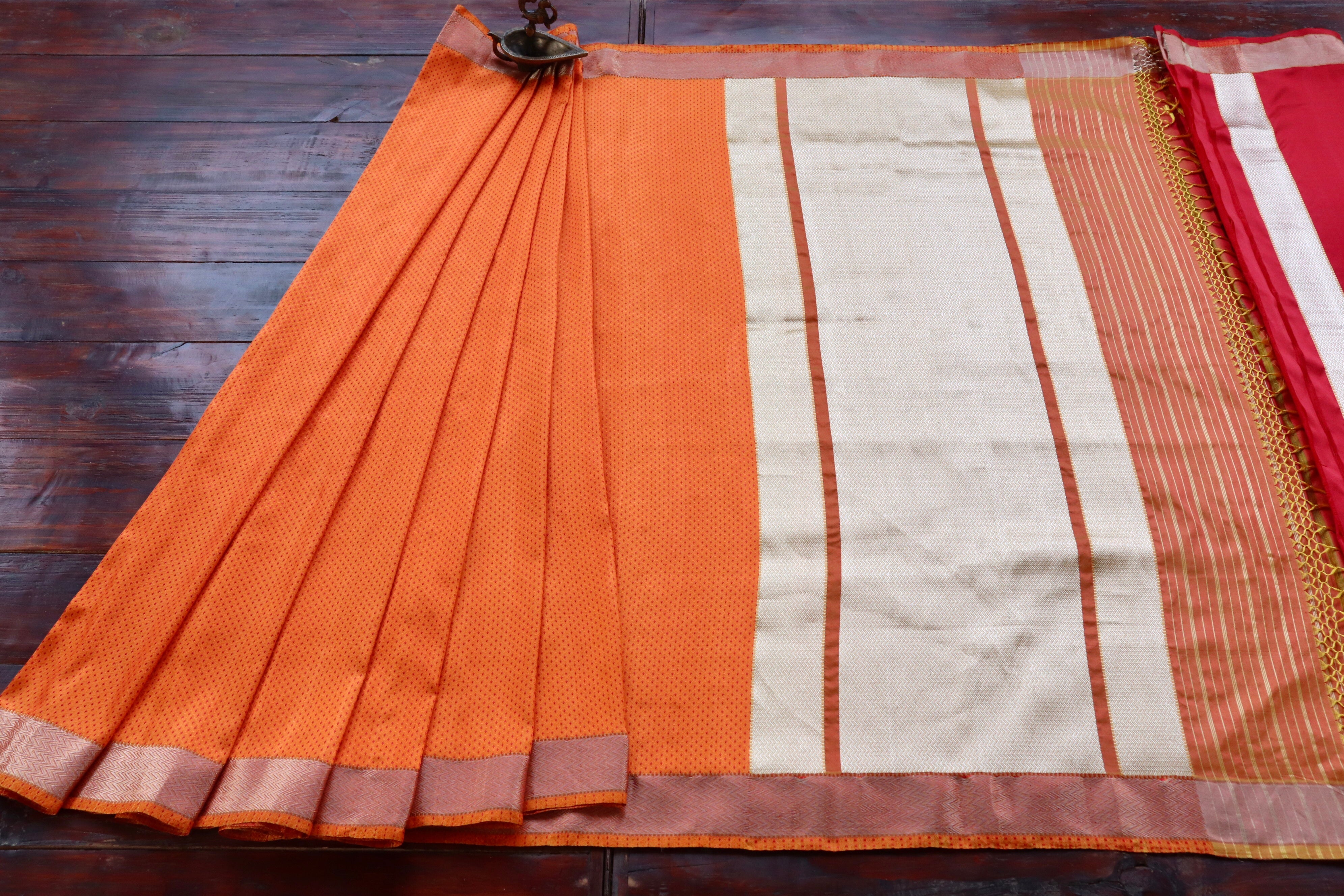 Red and Orange Do Rukhi Resham Handwoven Banarasi Tanchoi Silk Saree