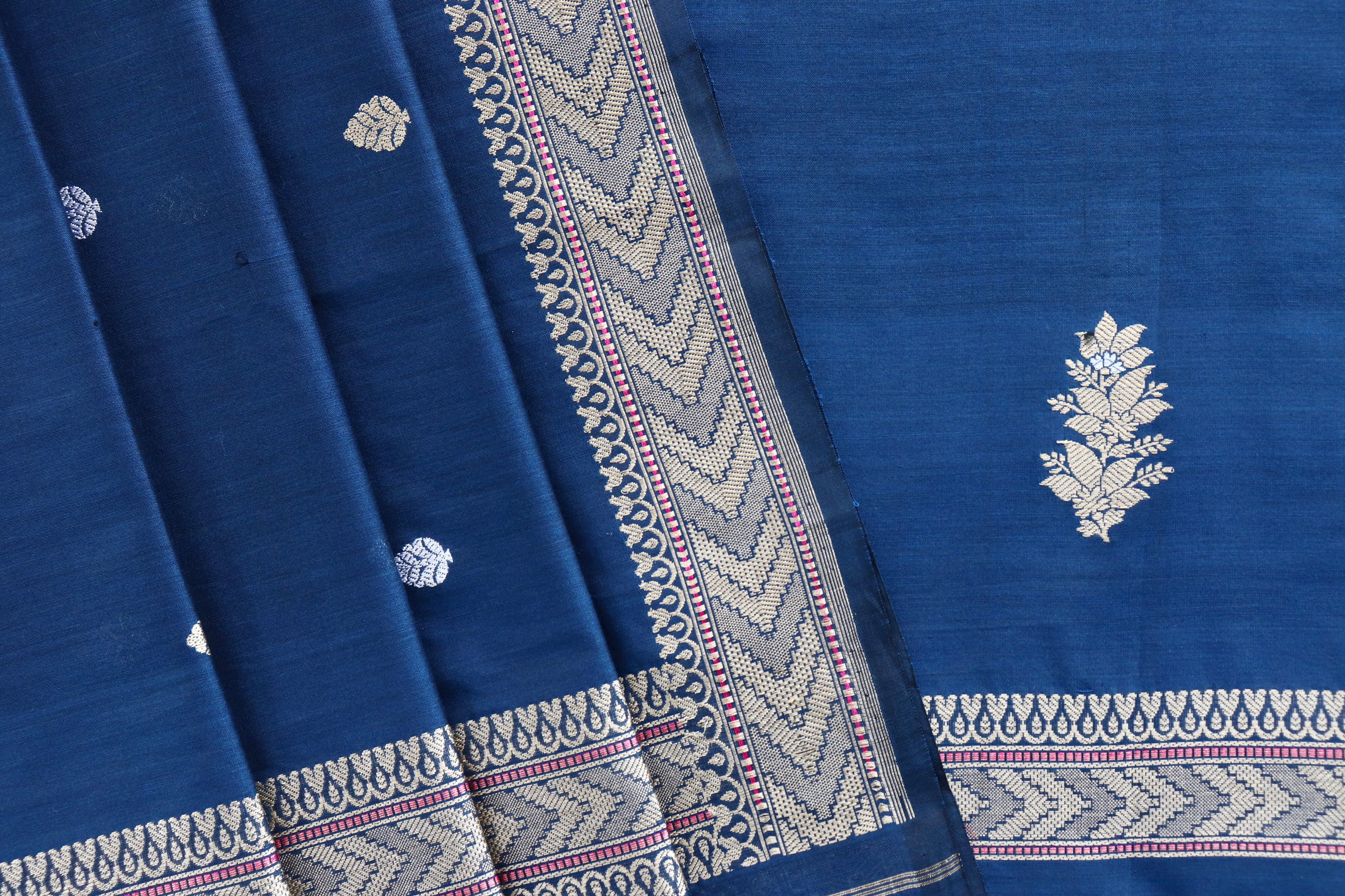 Navy Blue Katan Silk By Cotton Handloom Banarasi Suit Set