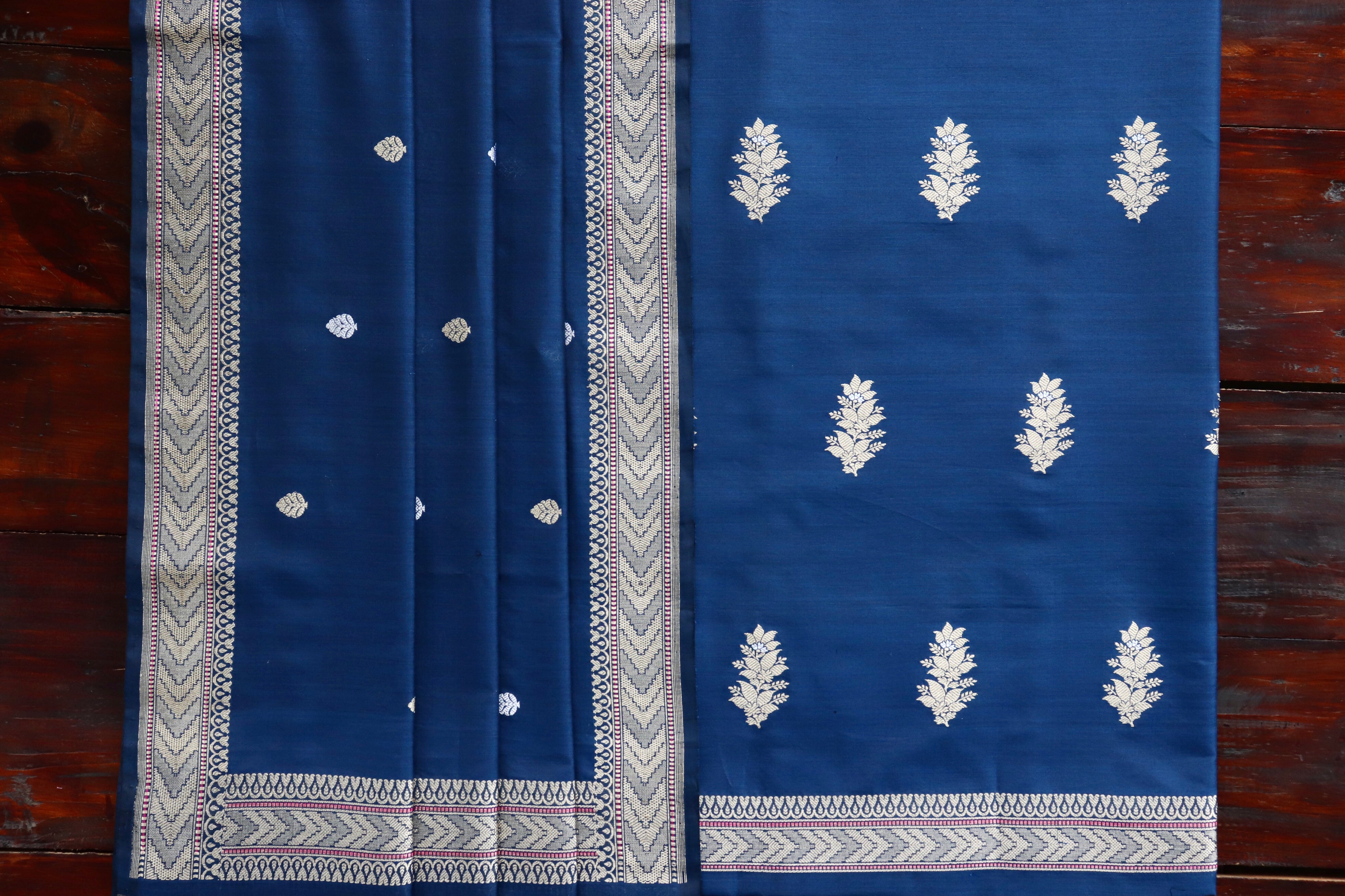 Navy Blue Katan Silk By Cotton Handloom Banarasi Suit Set