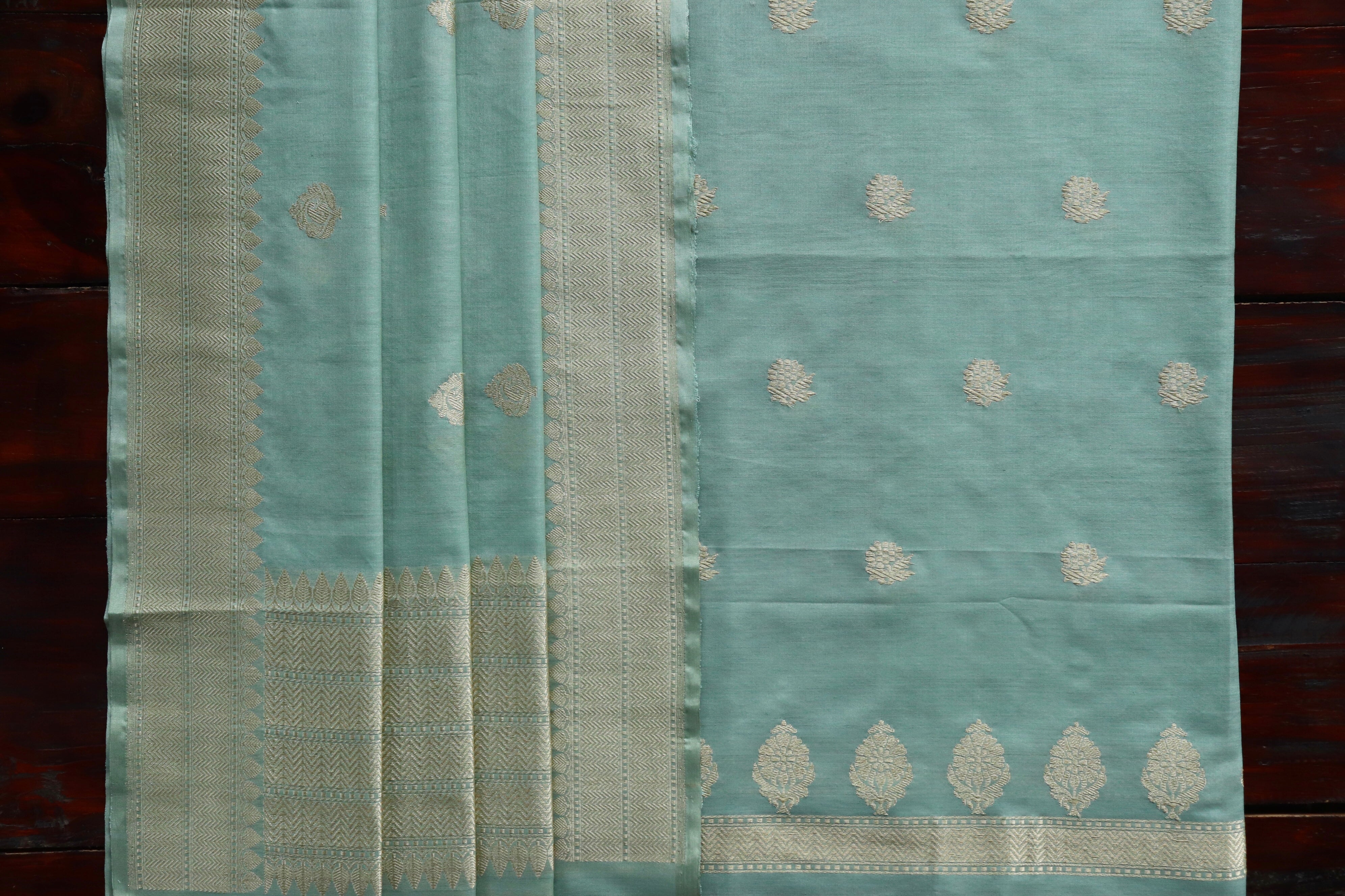 Sky Blue Silk By Cotton Handloom Banarasi Suit Set