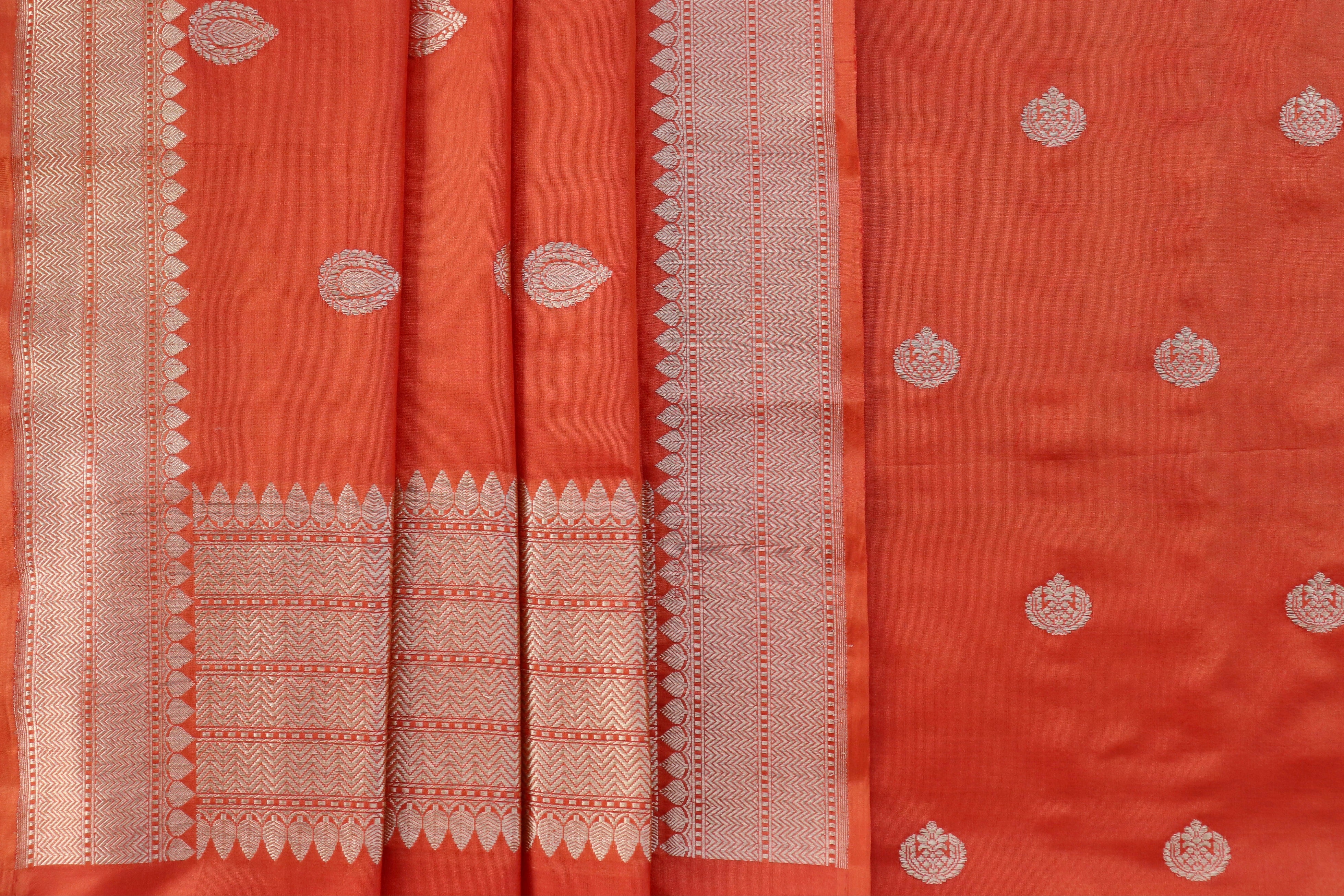 Orange Red Silk By Cotton Handloom Banarasi Suit Set