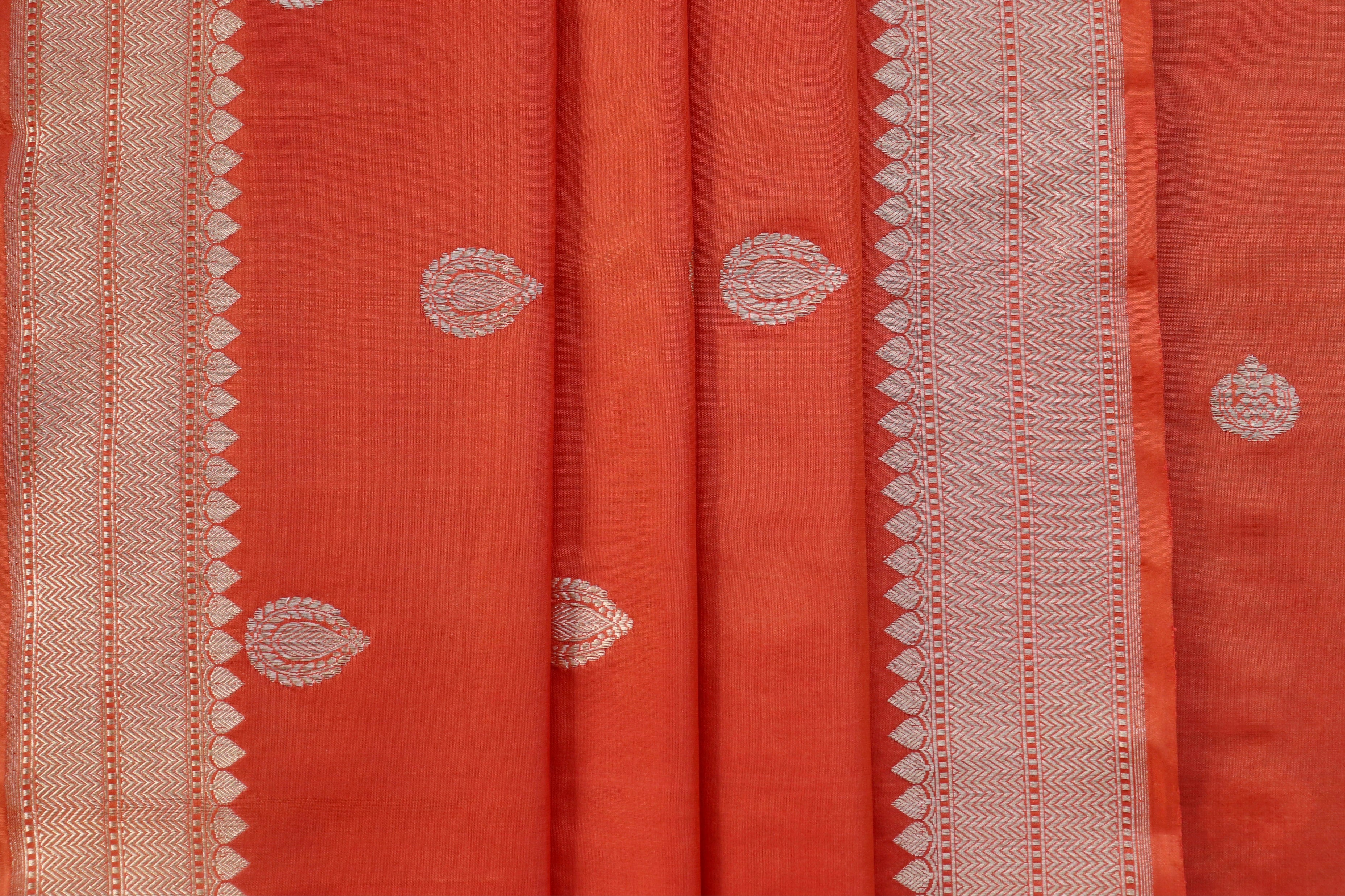 Orange Red Silk By Cotton Handloom Banarasi Suit Set