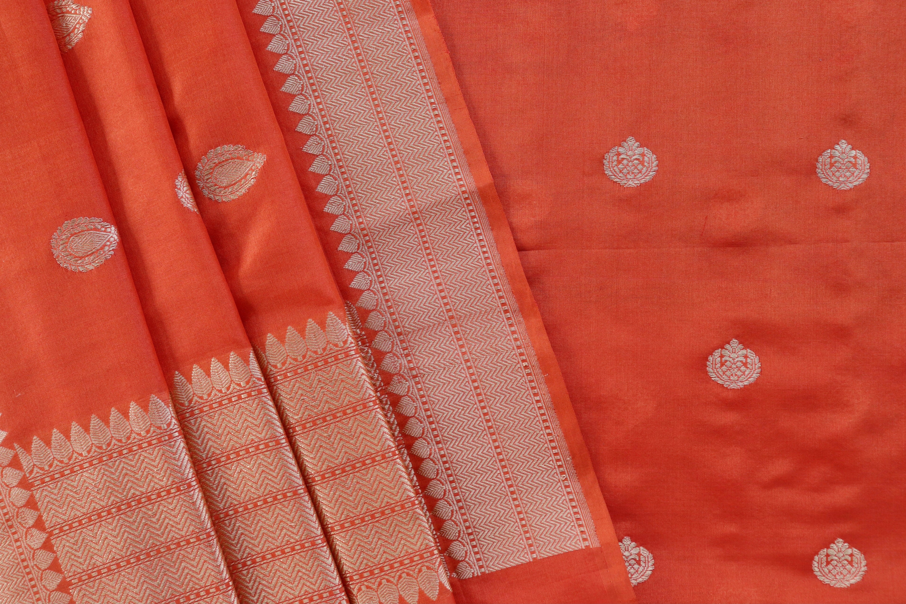 Orange Red Silk By Cotton Handloom Banarasi Suit Set