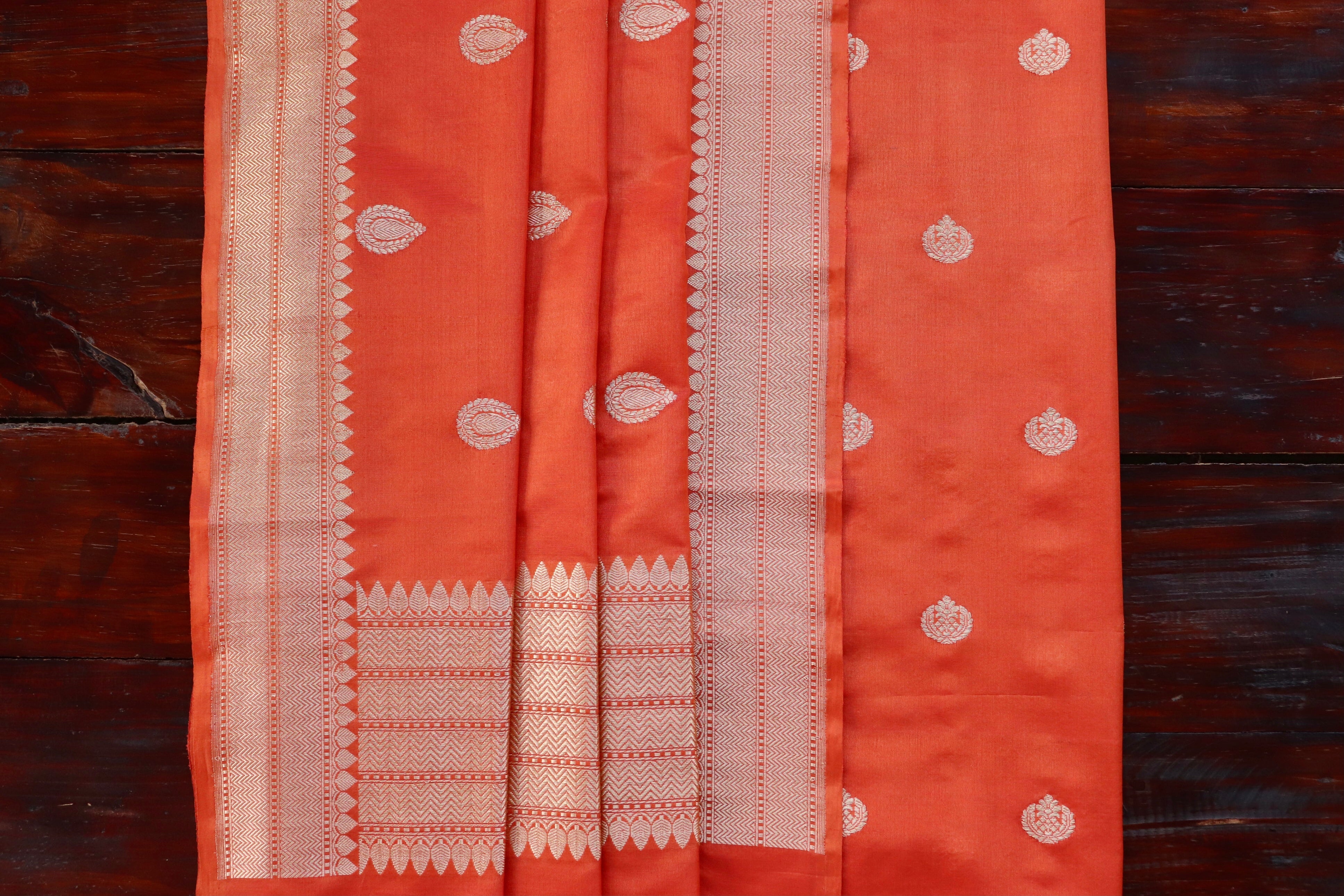 Orange Red Silk By Cotton Handloom Banarasi Suit Set