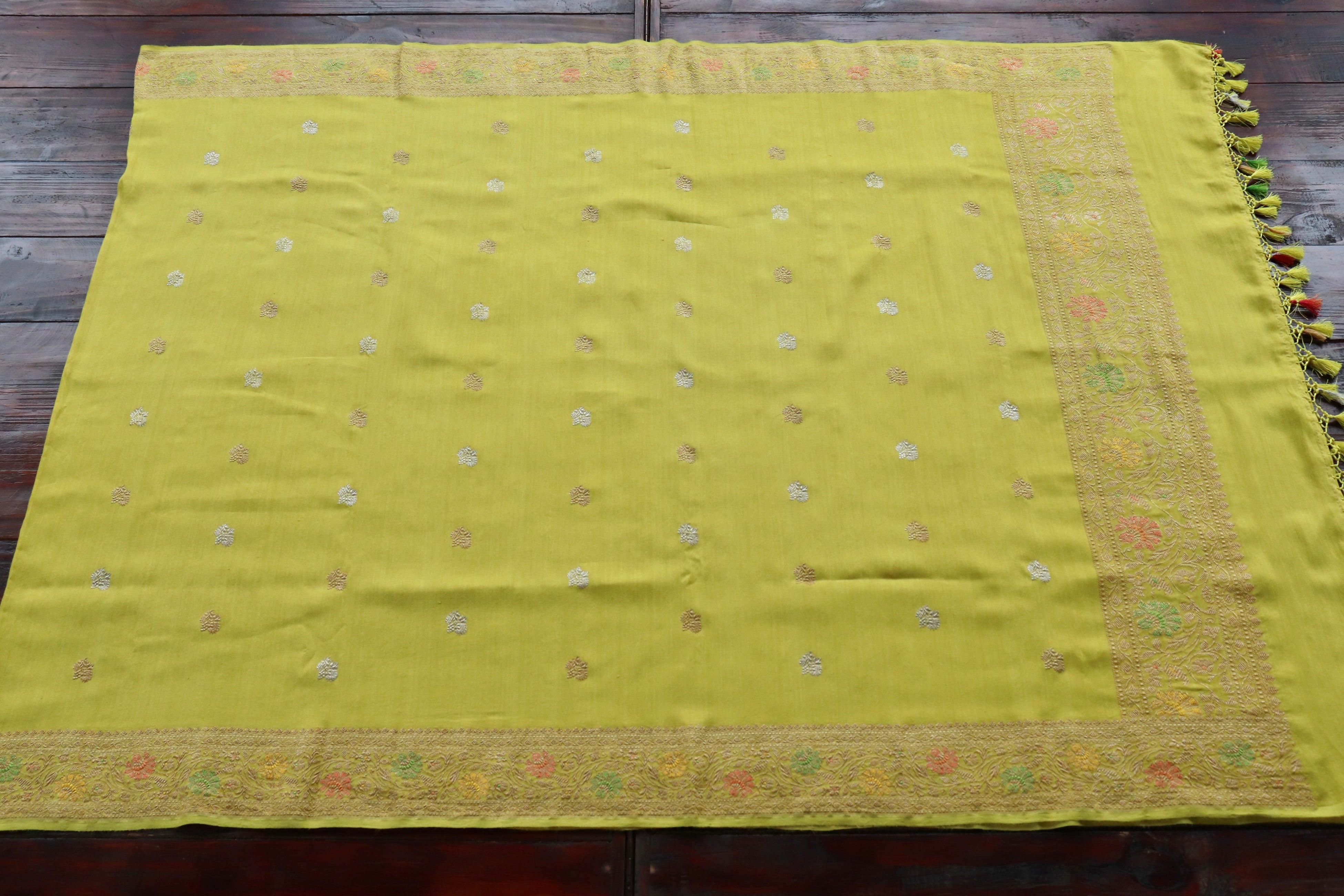 Bright Yellow Pure Munga Silk Handloom Banarasi Dupatta