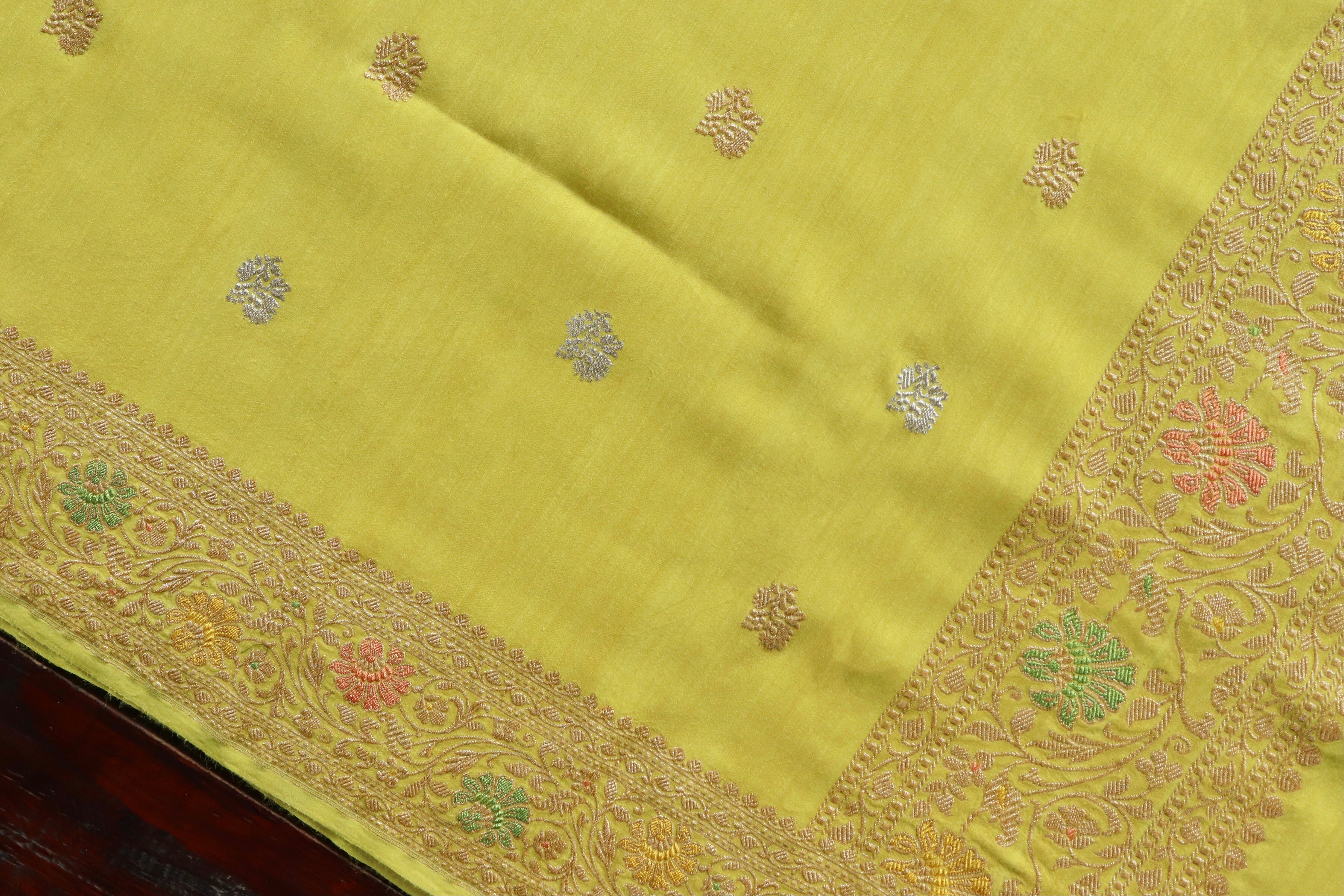 Bright Yellow Pure Munga Silk Handloom Banarasi Dupatta