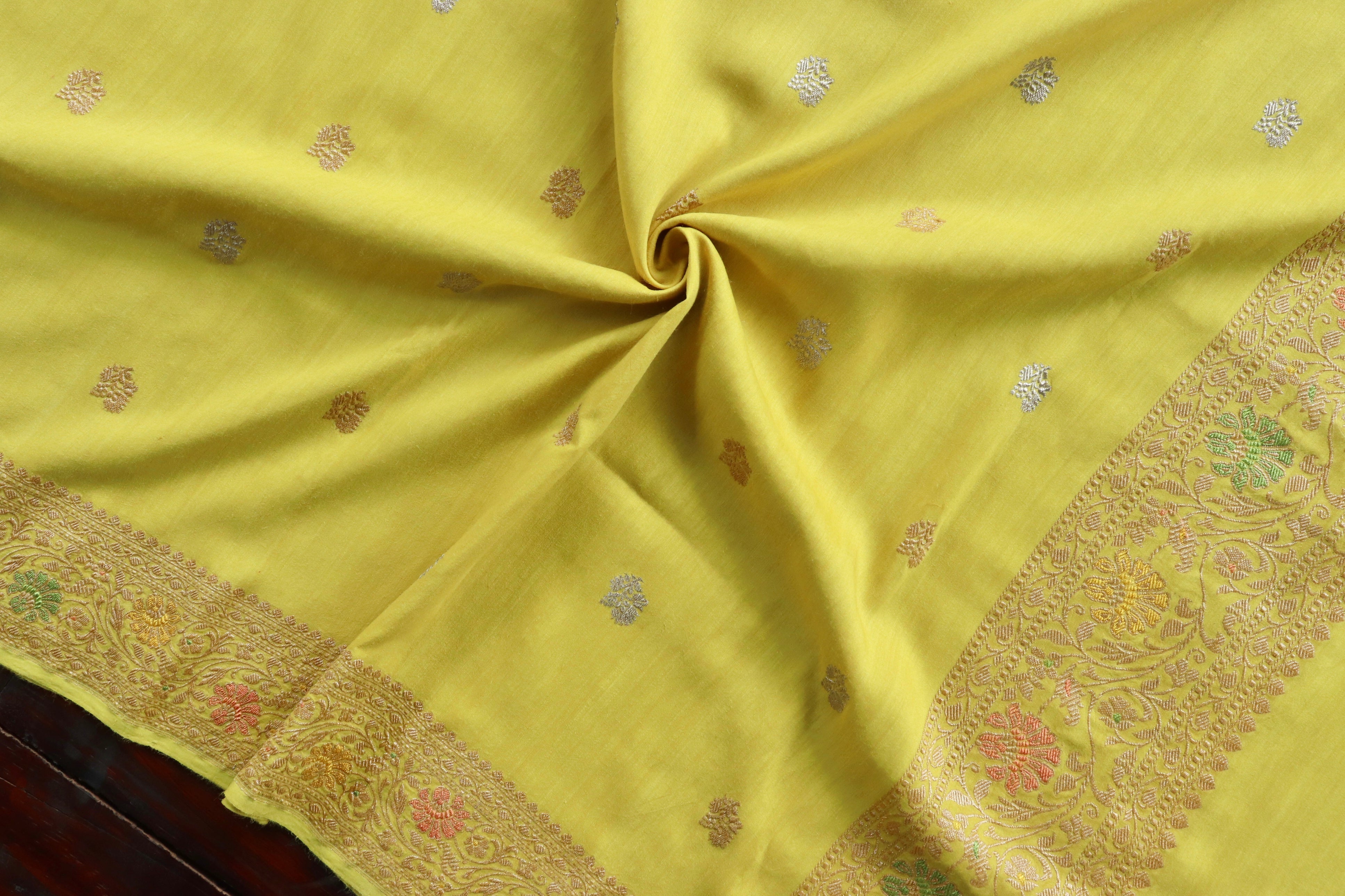 Bright Yellow Pure Munga Silk Handloom Banarasi Dupatta