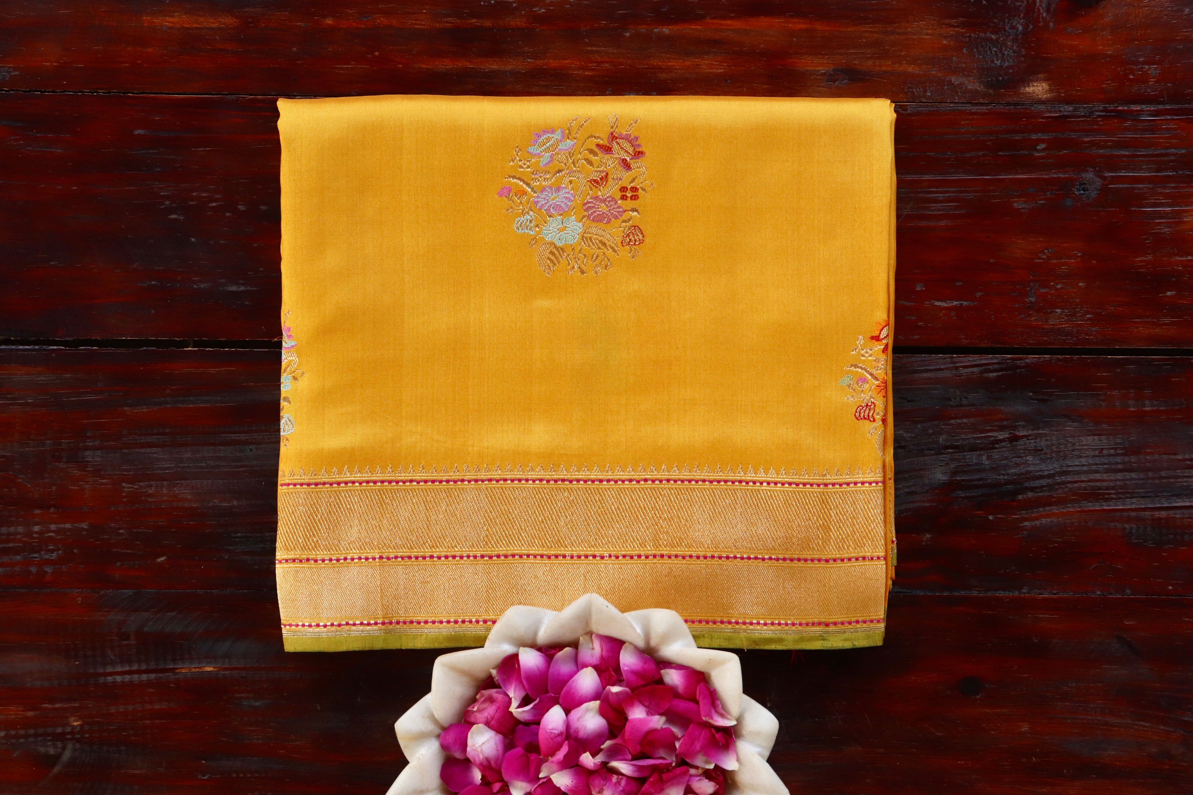 Yellow Guldasta Motif Pure Katan Silk Handloom Saree