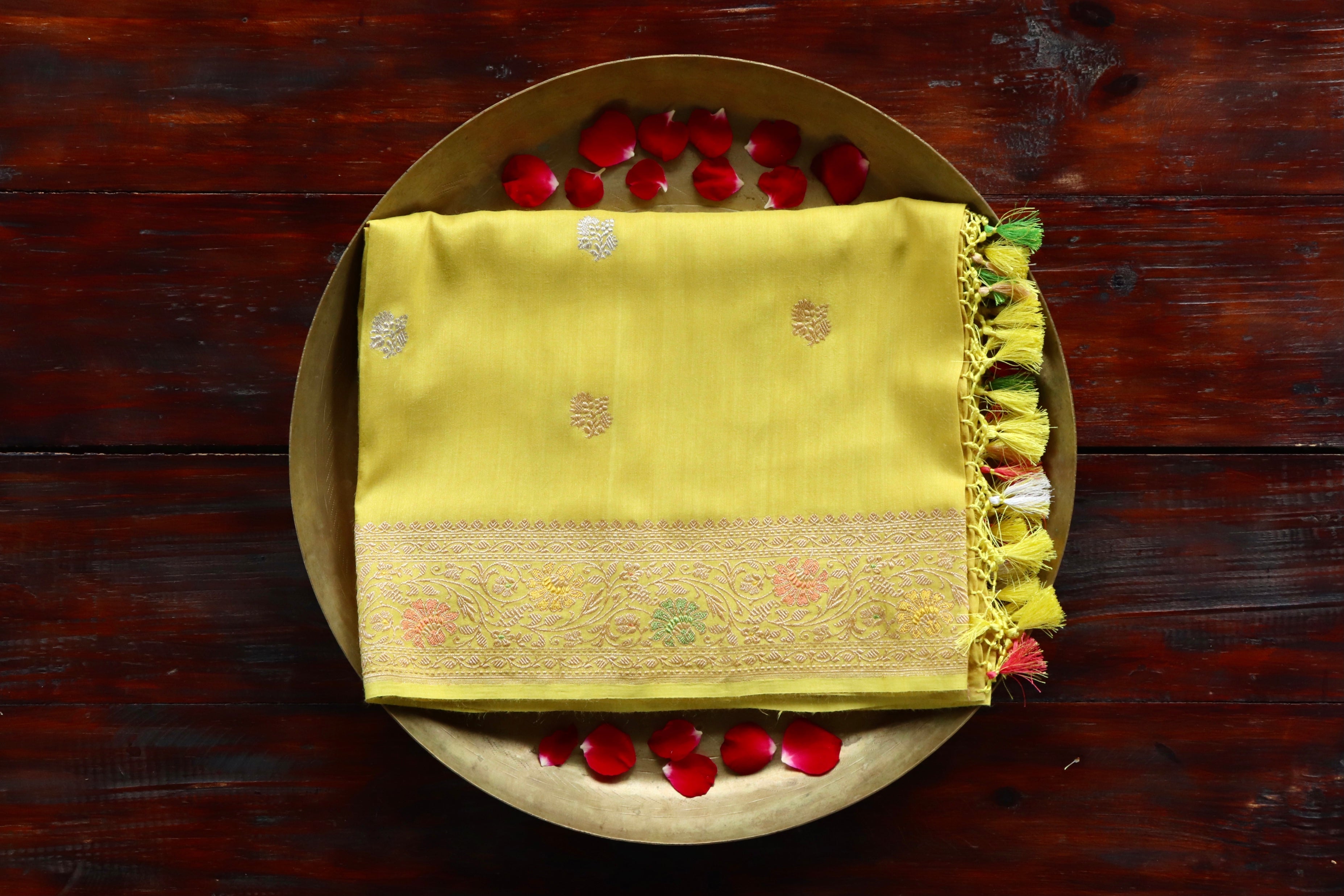 Bright Yellow Pure Munga Silk Handloom Banarasi Dupatta