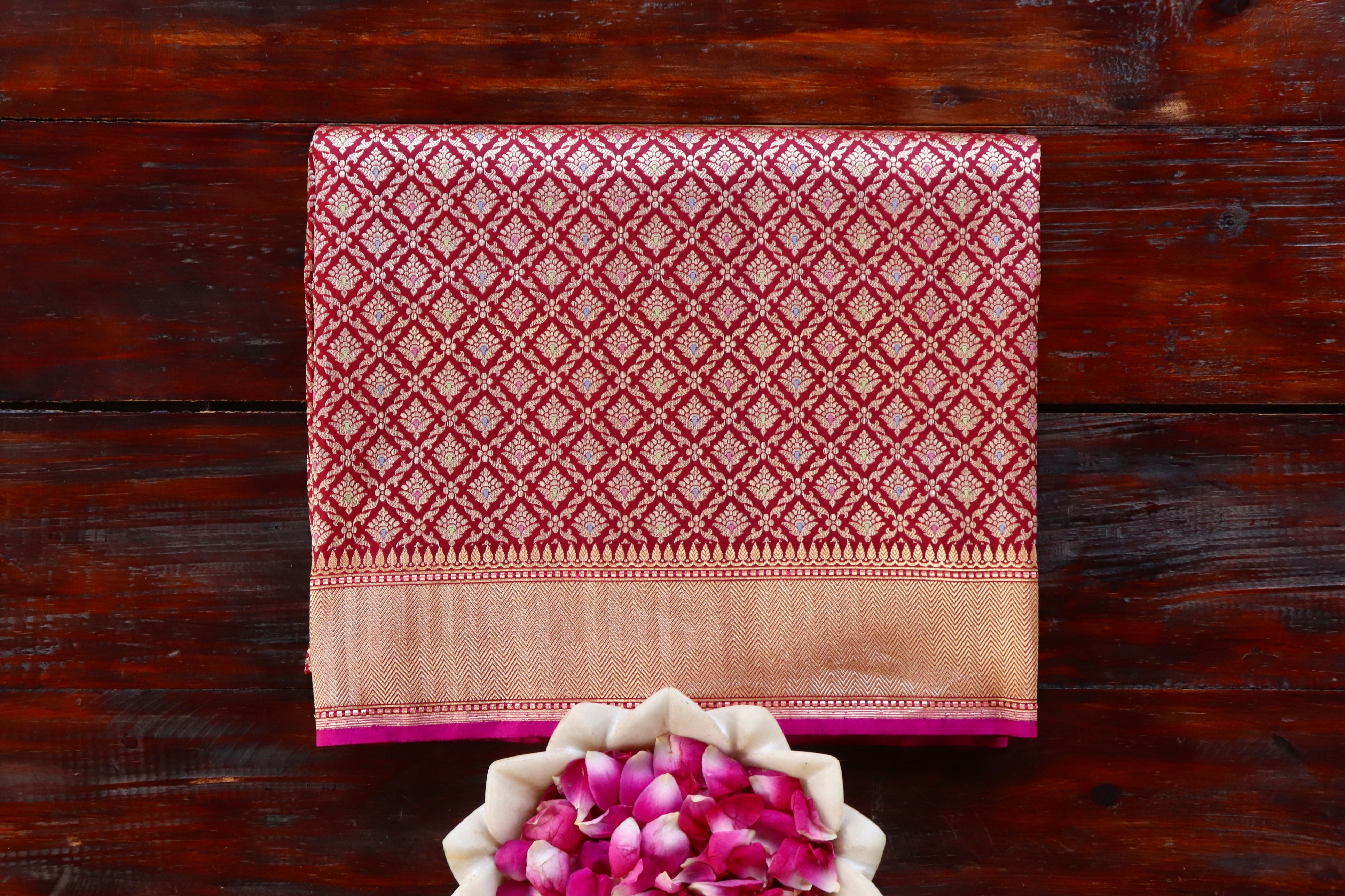 Burgundy Meenadar Tanchoi Pure Silk Handloom Banarasi Saree