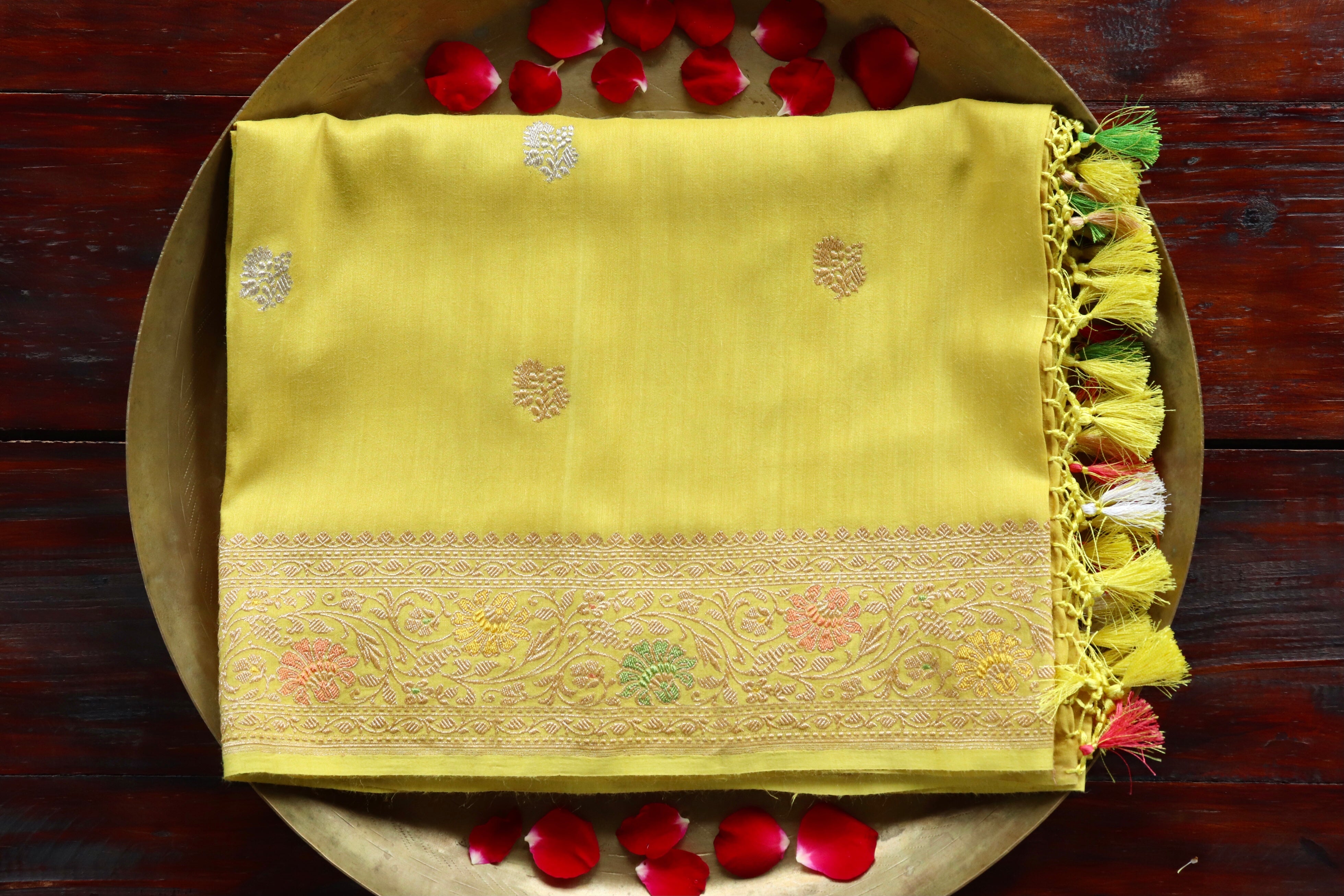 Bright Yellow Pure Munga Silk Handloom Banarasi Dupatta