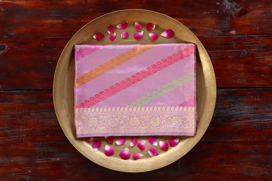 Pink Adda pure Katan silk Banarasi dupatta with scrolling vines and florals in continuous Jangla layout.