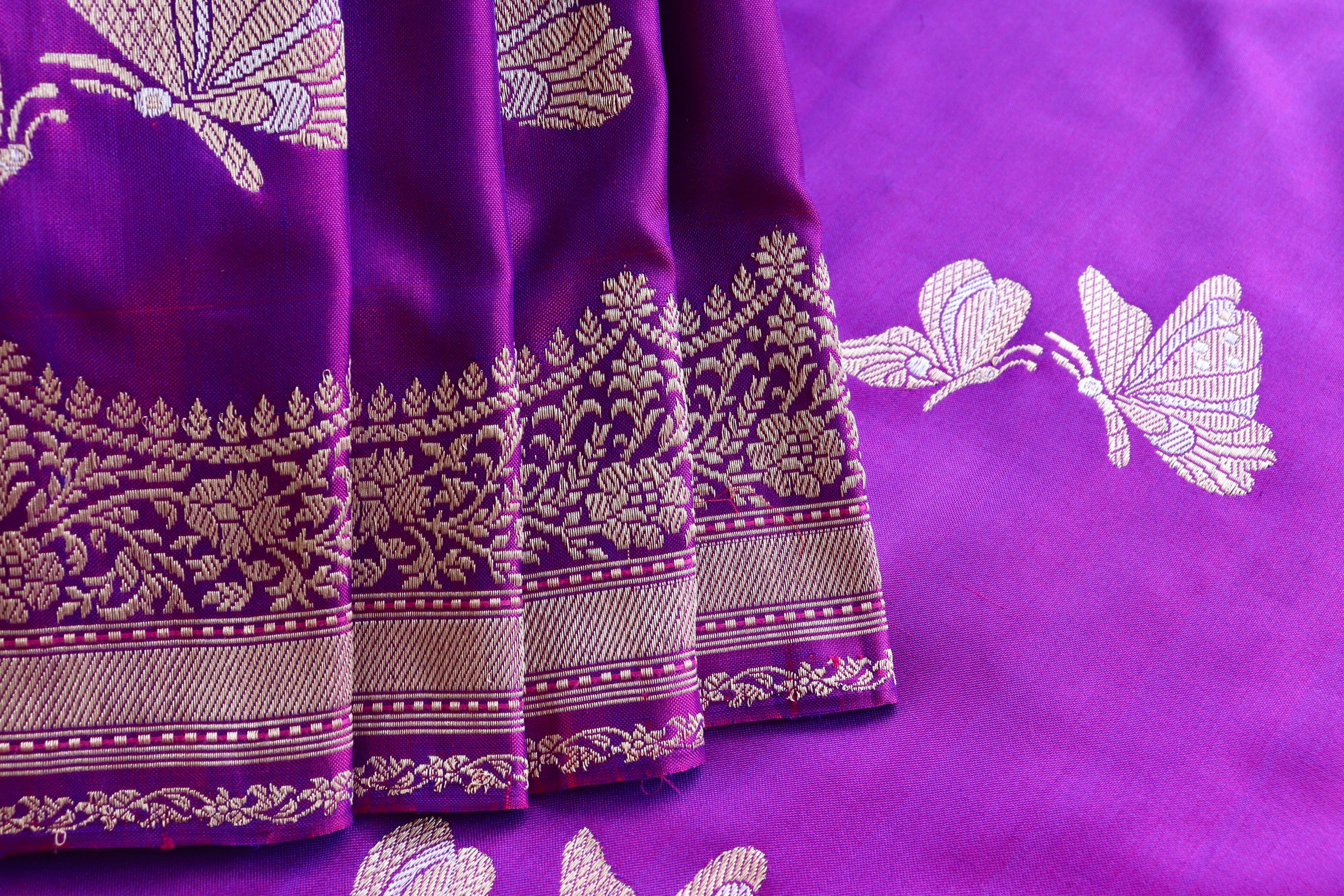 Purple Butterfly Motif Pure Silk Handloom Banarasi Saree