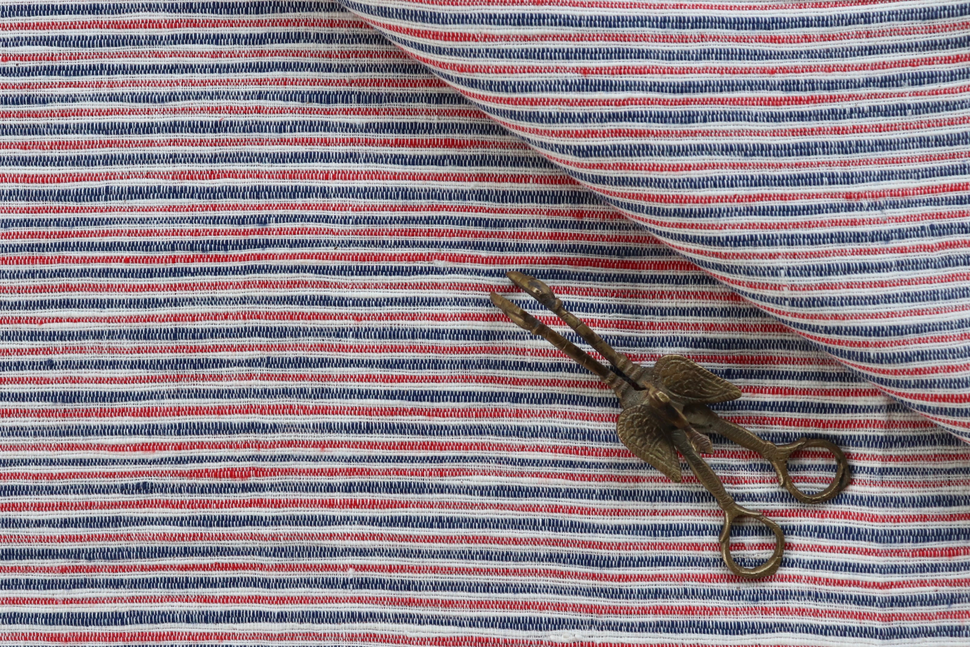 Red, White & Blue 2 mm Stripe Handspun Handwoven Fabric