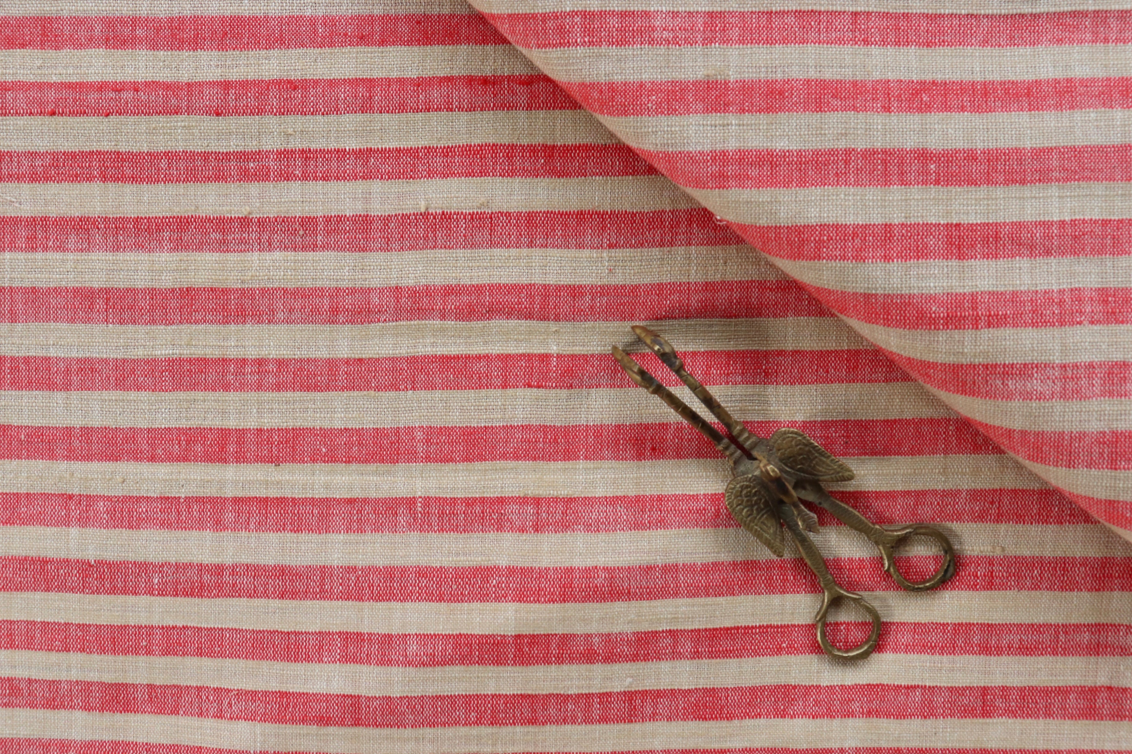 Red & Beige 0.5" Stripe Handspun Handwoven Fabric