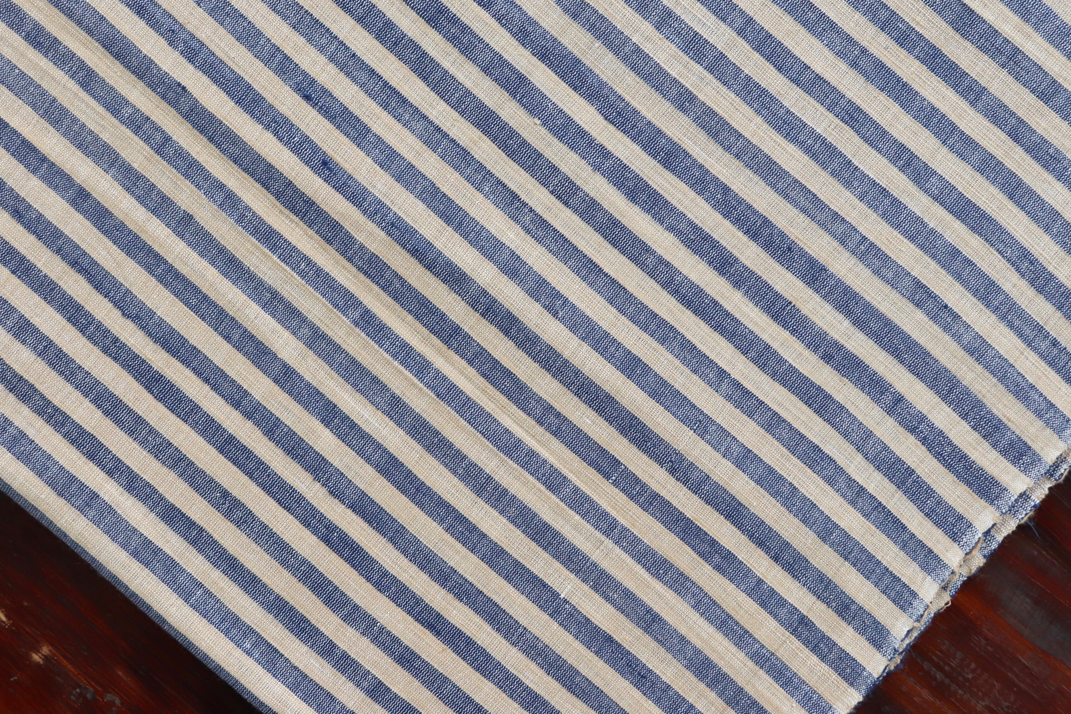Indigo & Beige 0.5" Stripe Handspun Handwoven Fabric
