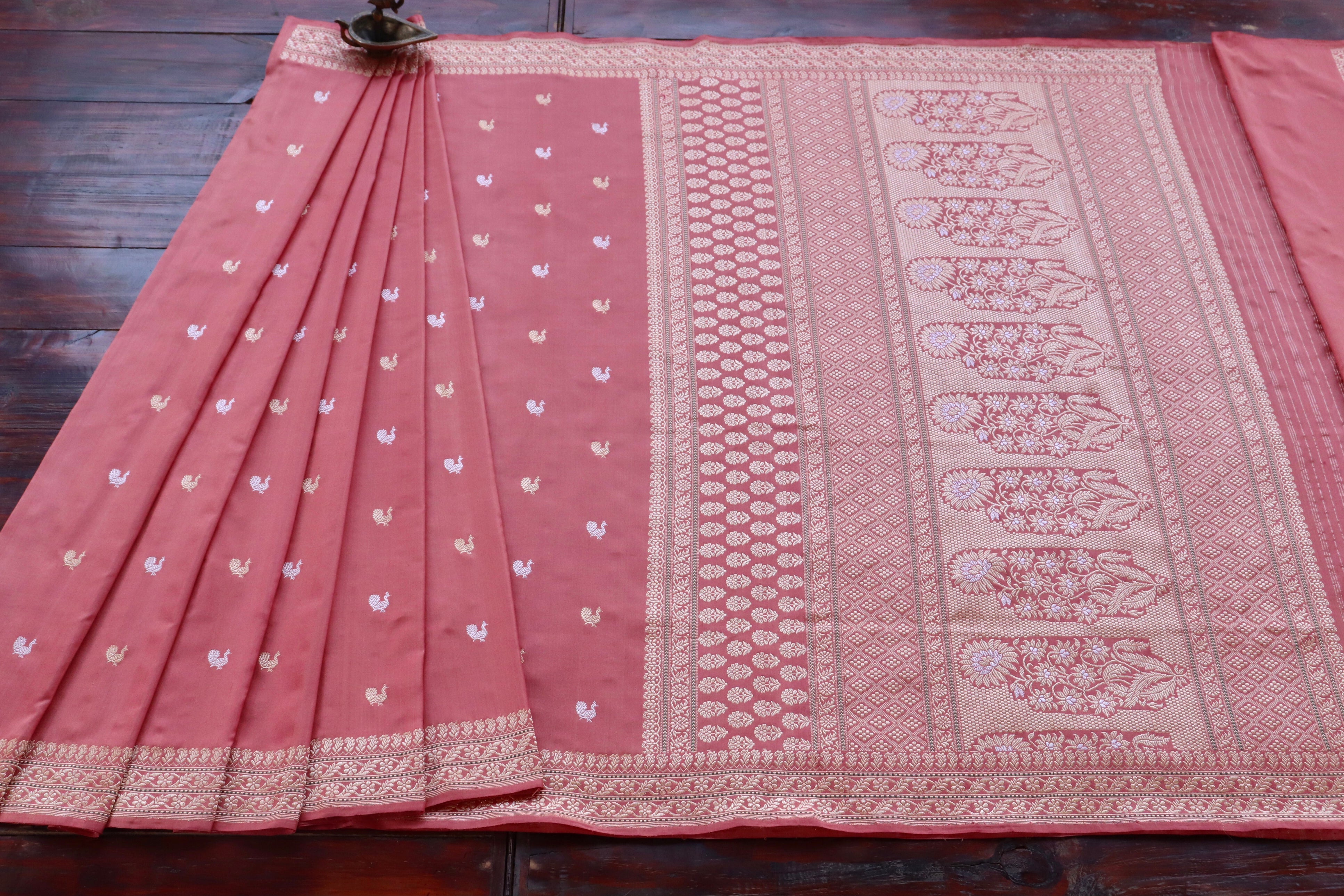 Salmon Pink Peacock Motif Pure Silk Handloom Banarasi Saree