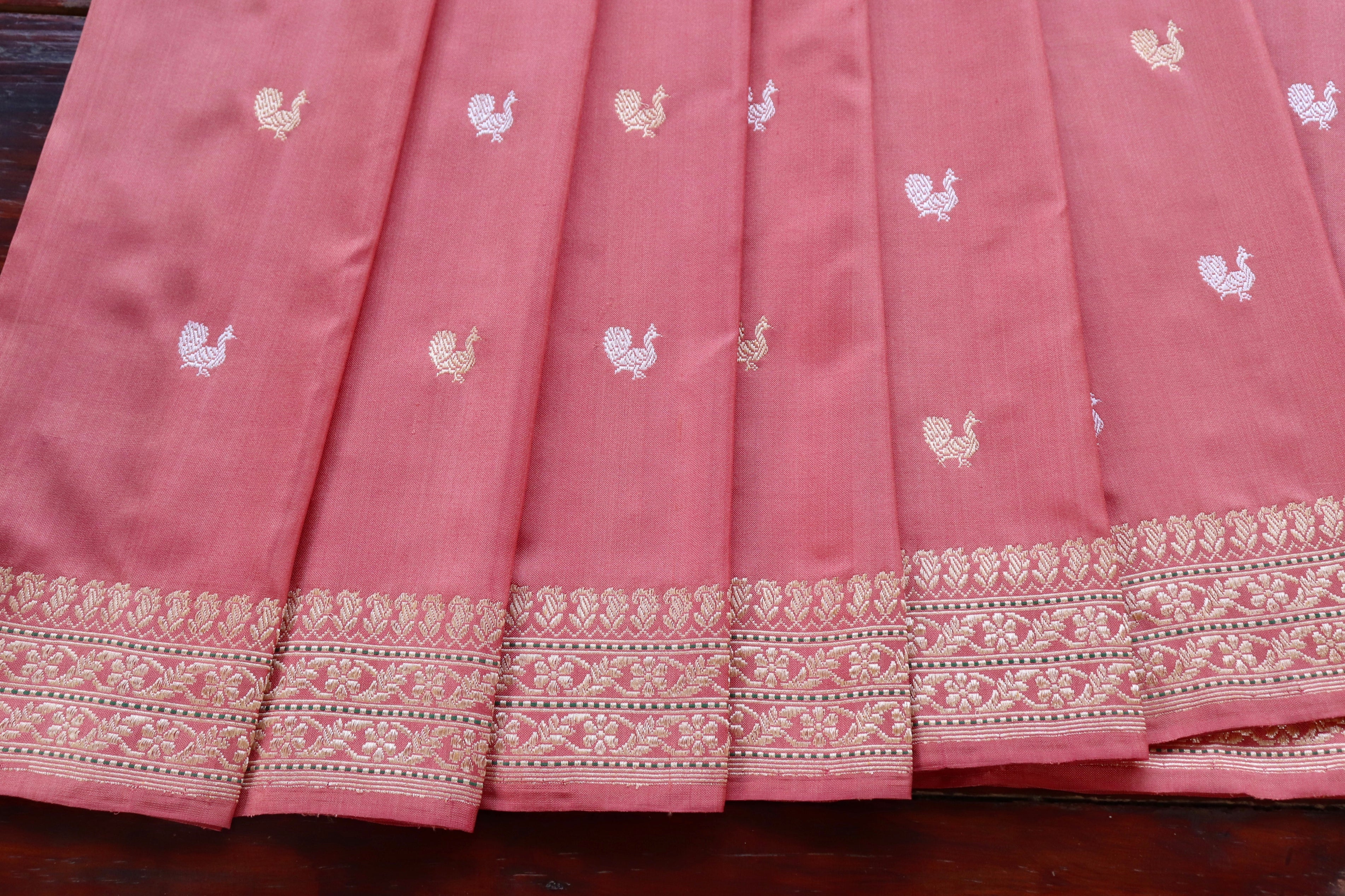 Salmon Pink Peacock Motif Pure Silk Handloom Banarasi Saree