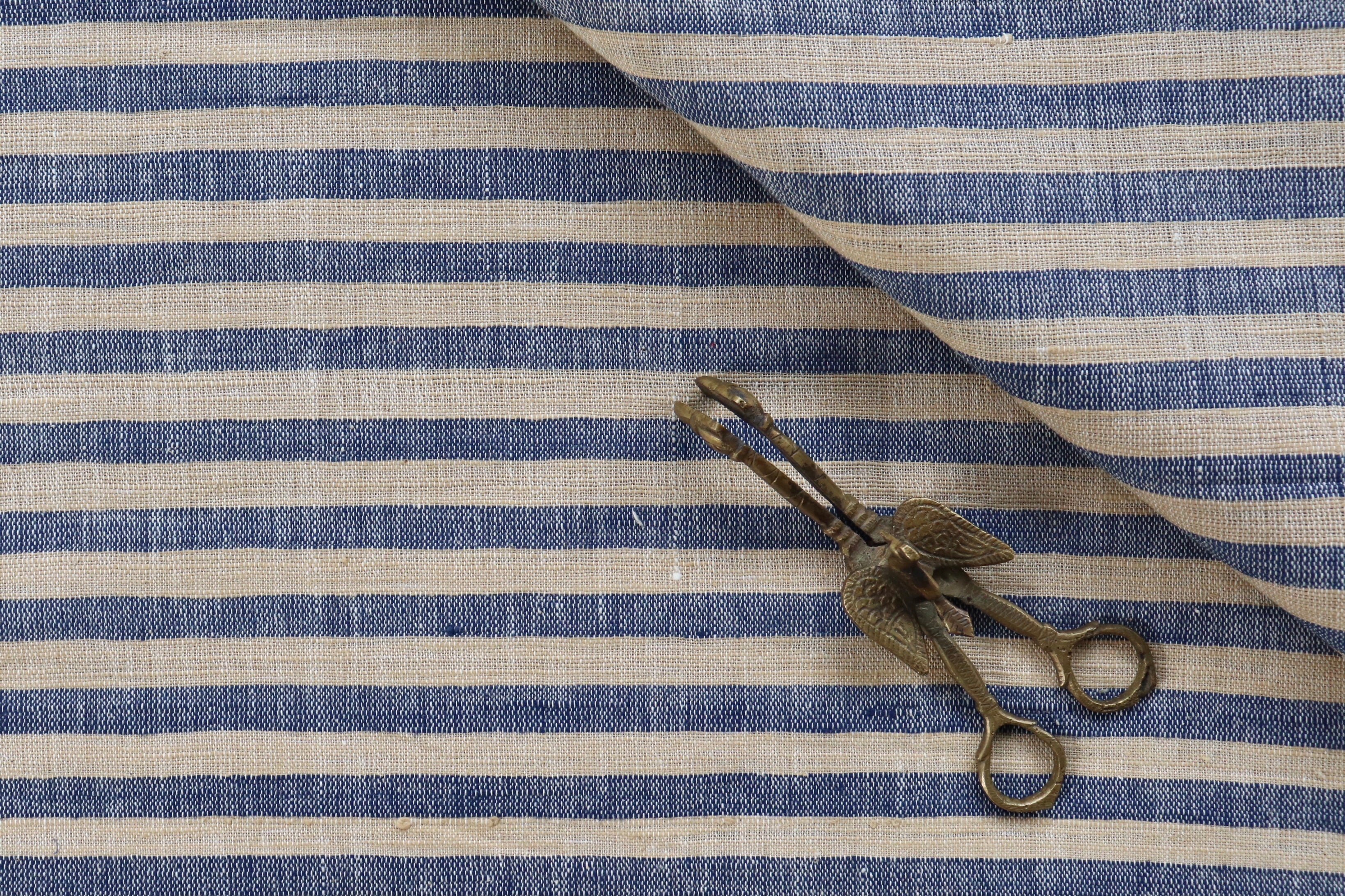 Indigo & Beige 0.5" Stripe Handspun Handwoven Fabric