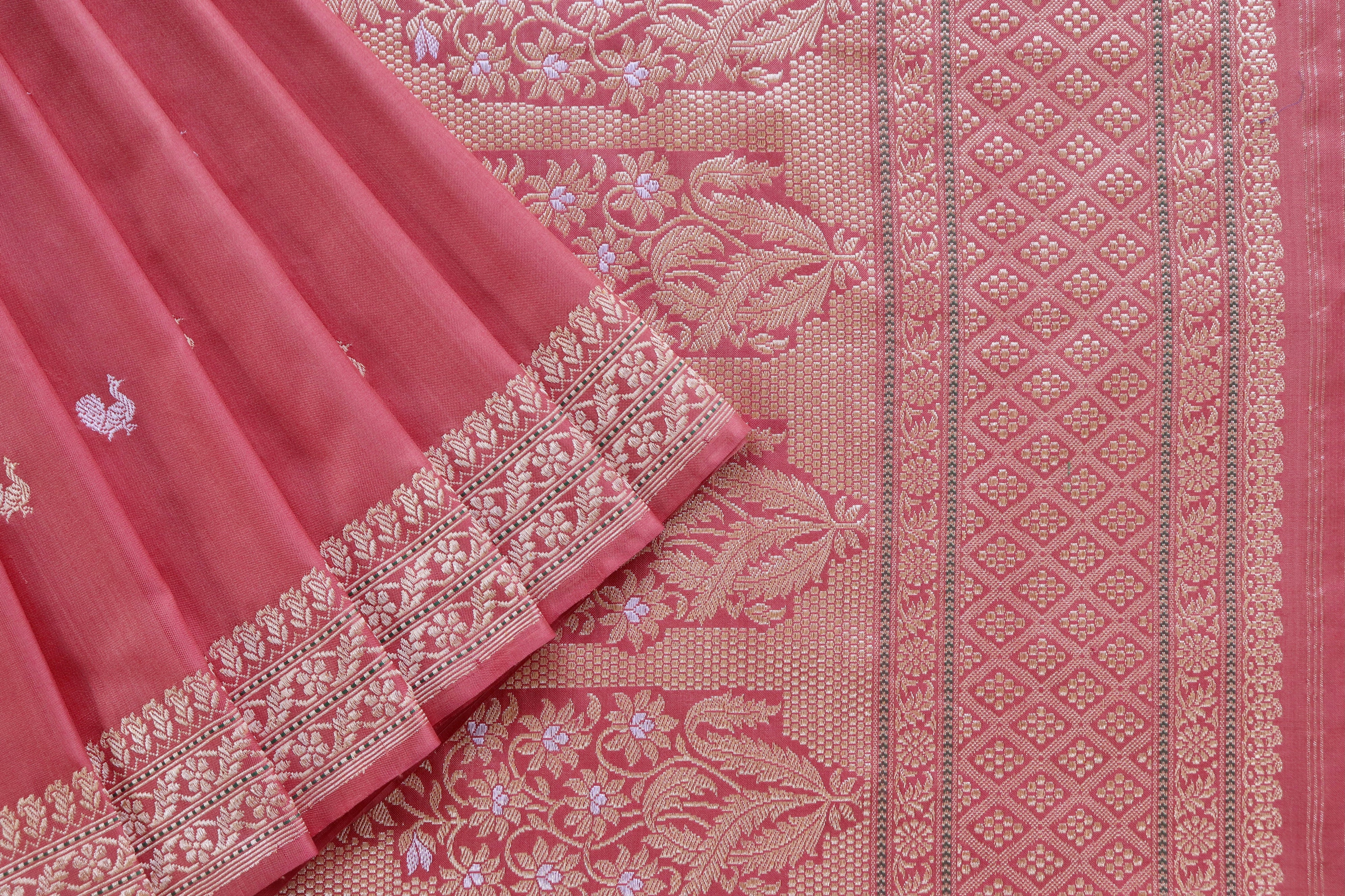Salmon Pink Peacock Motif Pure Silk Handloom Banarasi Saree