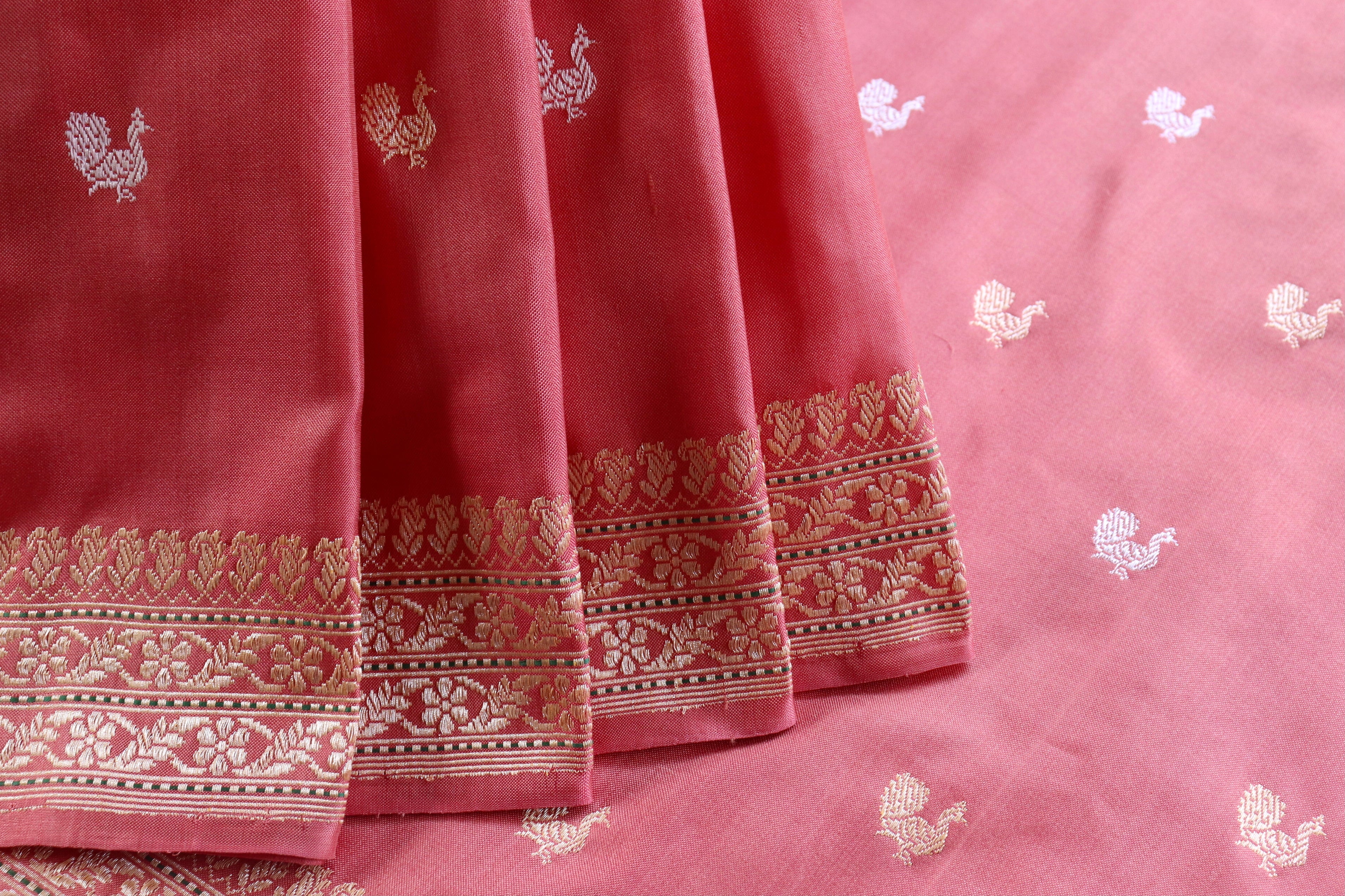 Salmon Pink Peacock Motif Pure Silk Handloom Banarasi Saree
