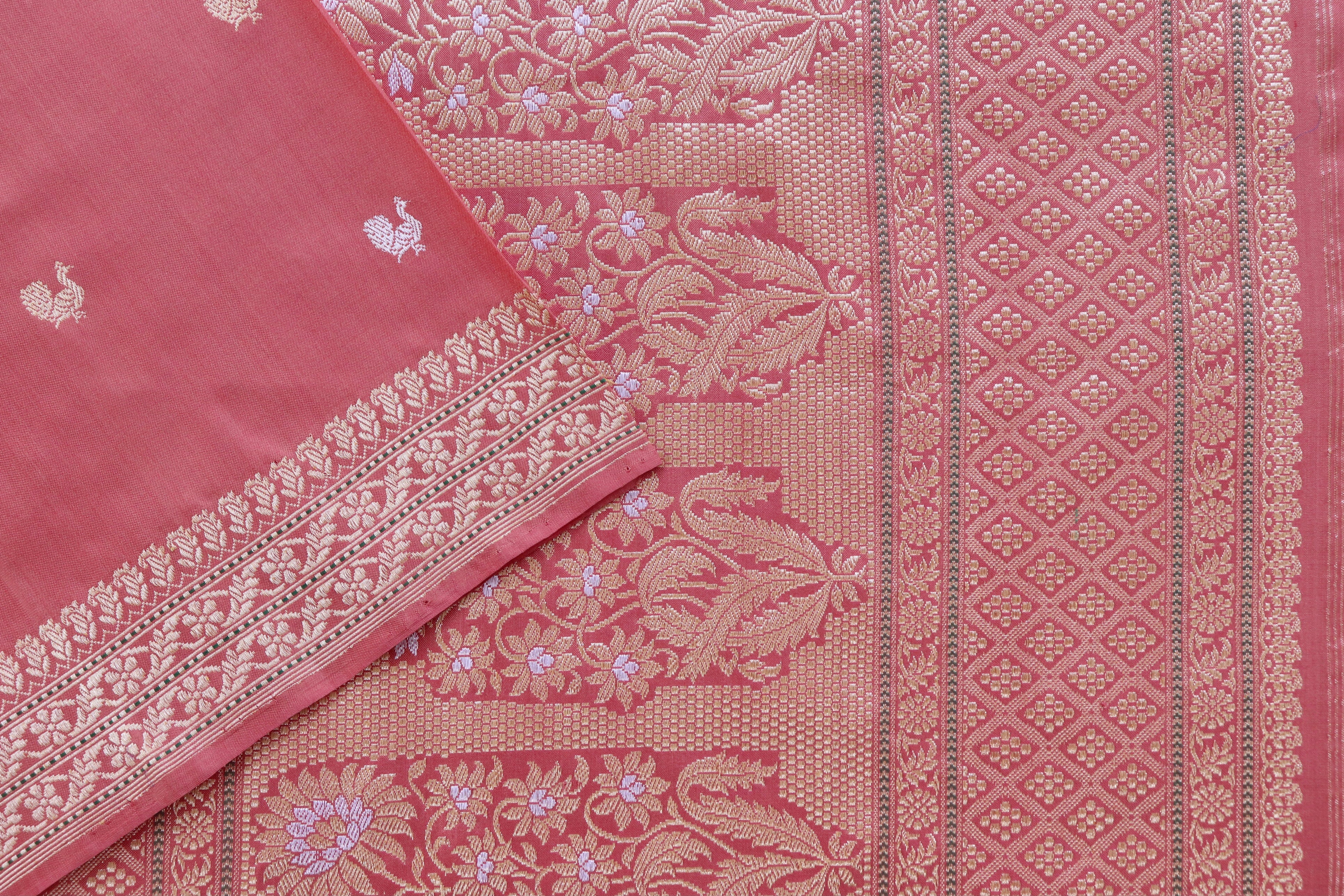 Salmon Pink Peacock Motif Pure Silk Handloom Banarasi Saree