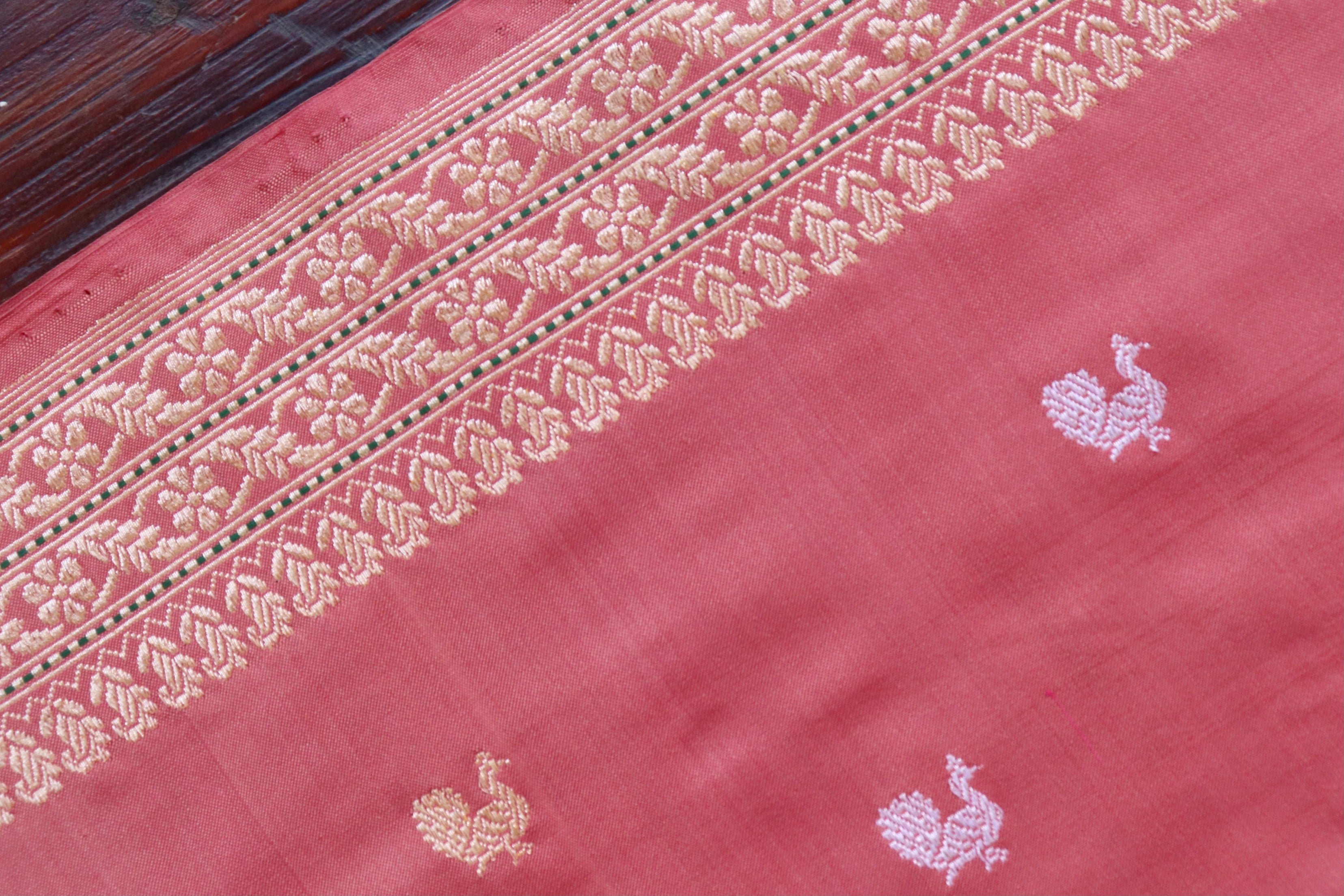 Salmon Pink Peacock Motif Pure Silk Handloom Banarasi Saree