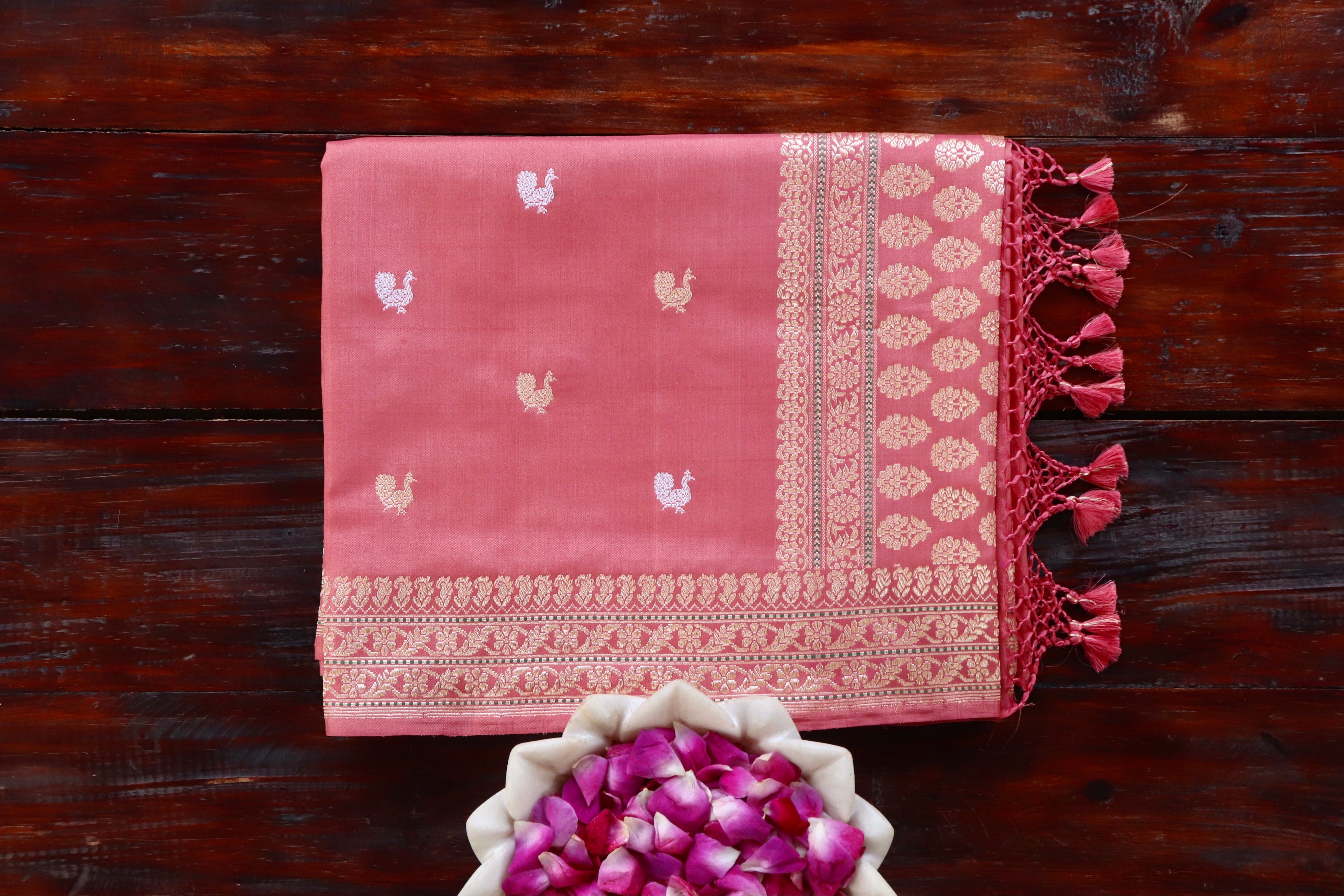 Salmon Pink Peacock Motif Pure Silk Handloom Banarasi Saree
