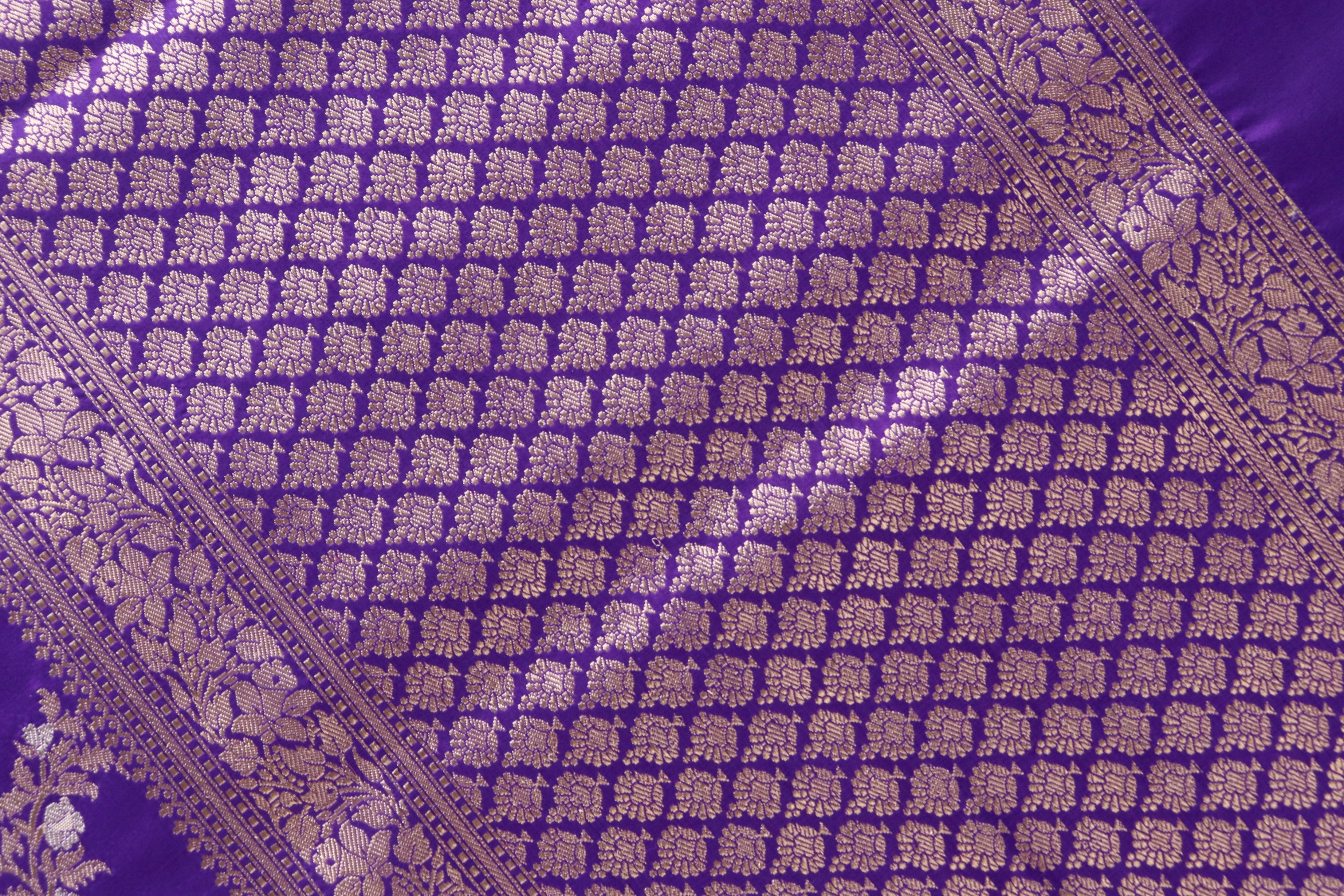 Purple Aada Jangla Pure Katan Silk Banarasi Saree