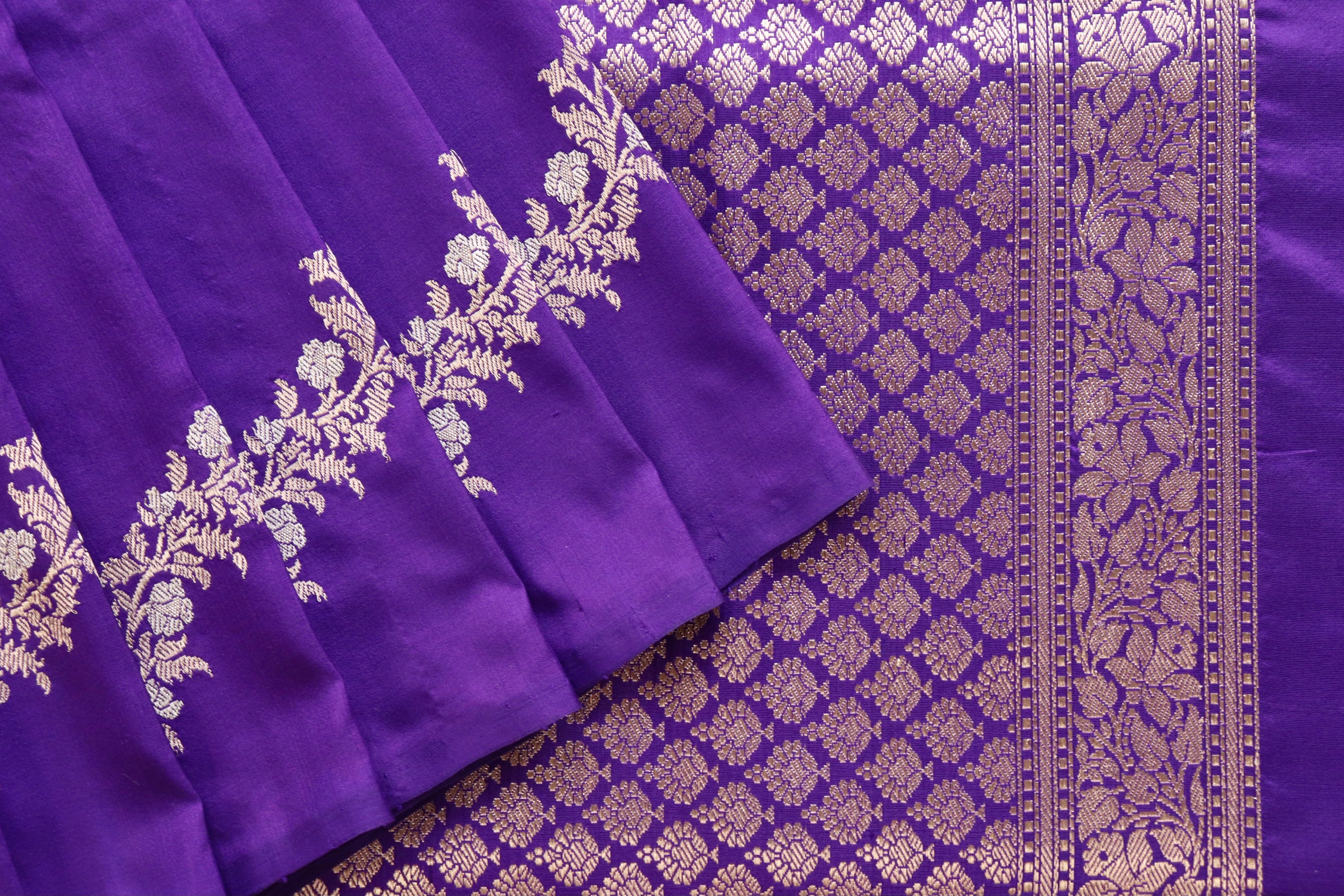 Purple Aada Jangla Pure Katan Silk Banarasi Saree