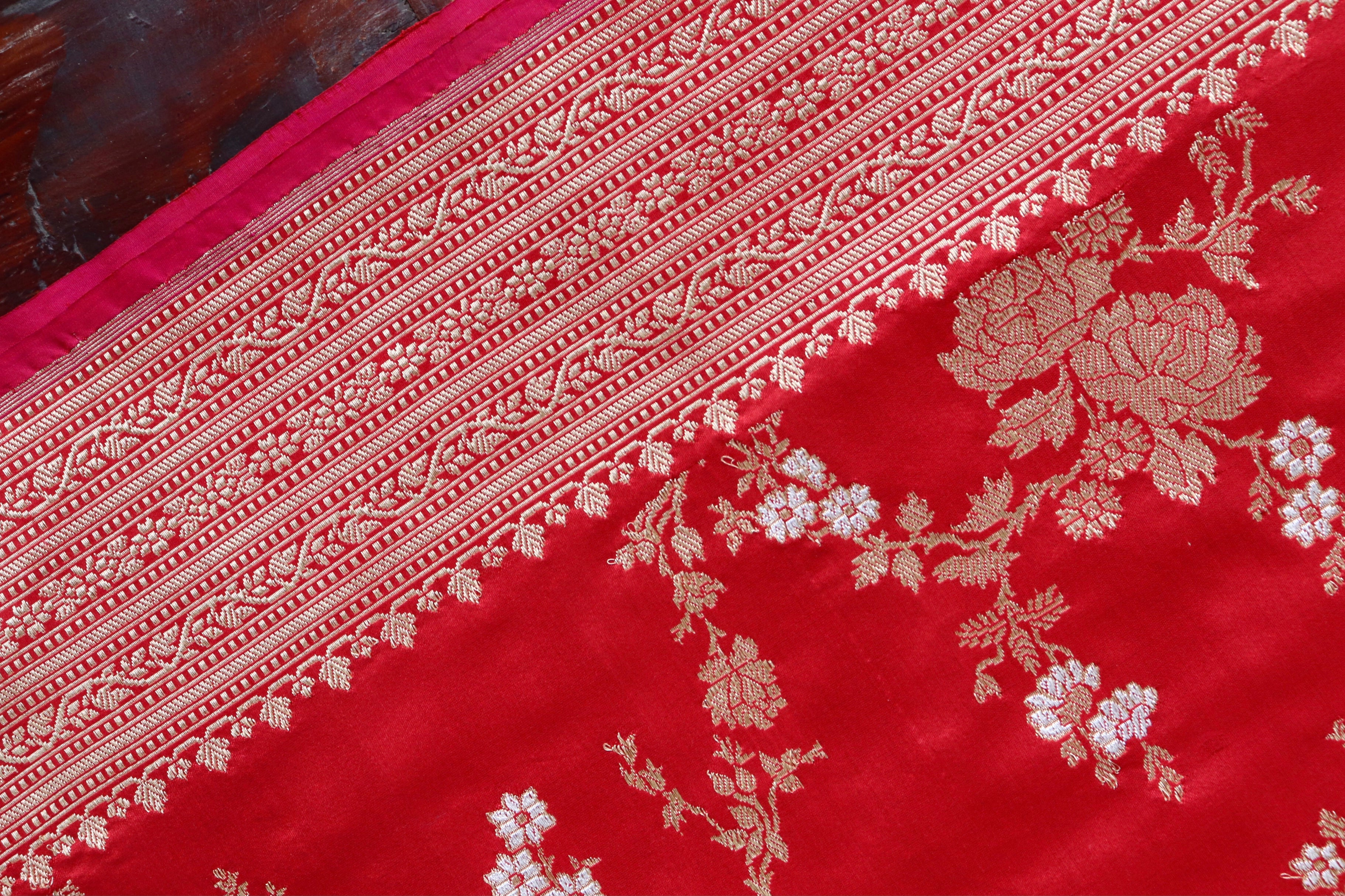 Red Gulab Jangla Pure Silk Handloom Banarasi Saree