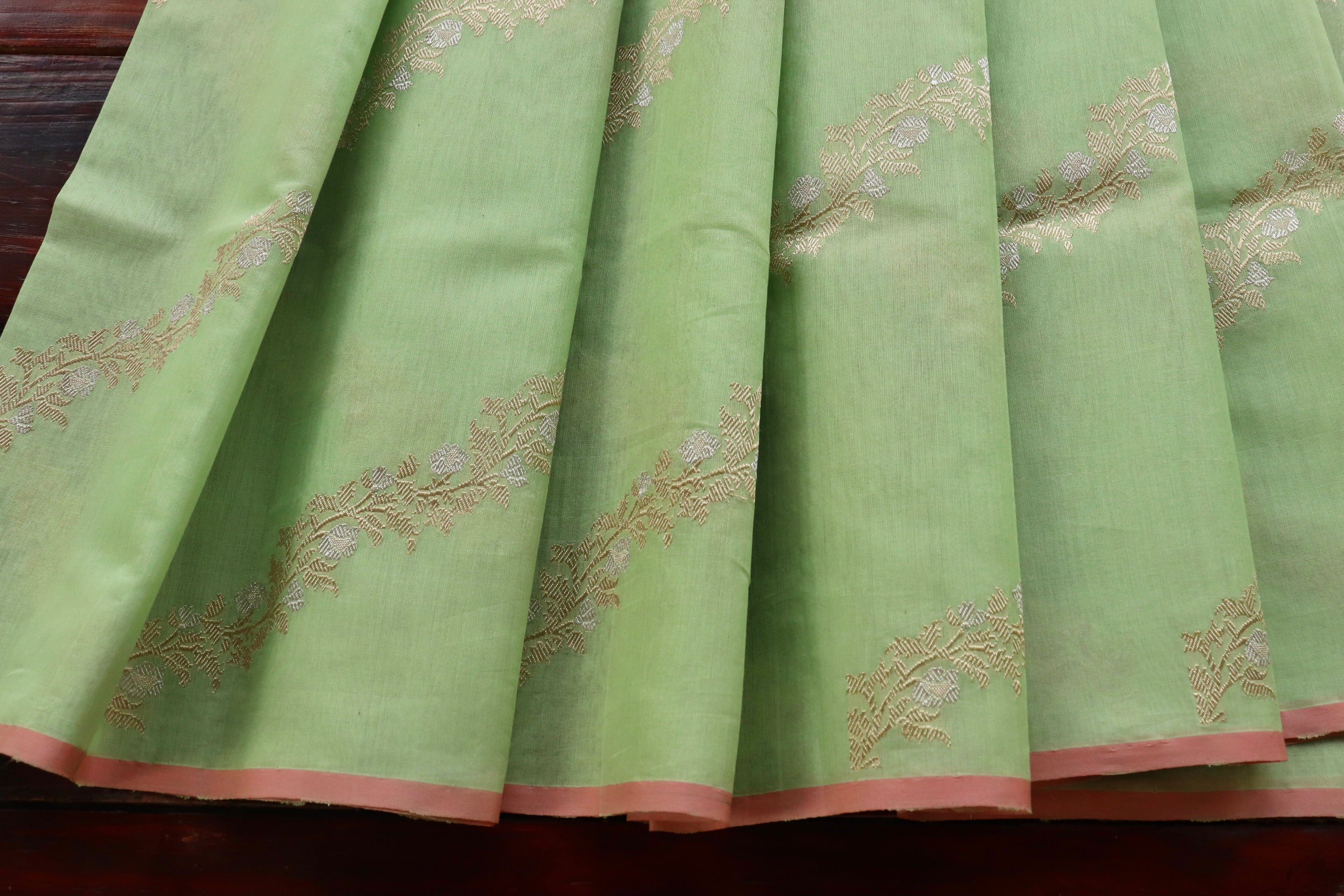 Pista Green Aada Jangla Pure Katan Silk Banarasi Saree