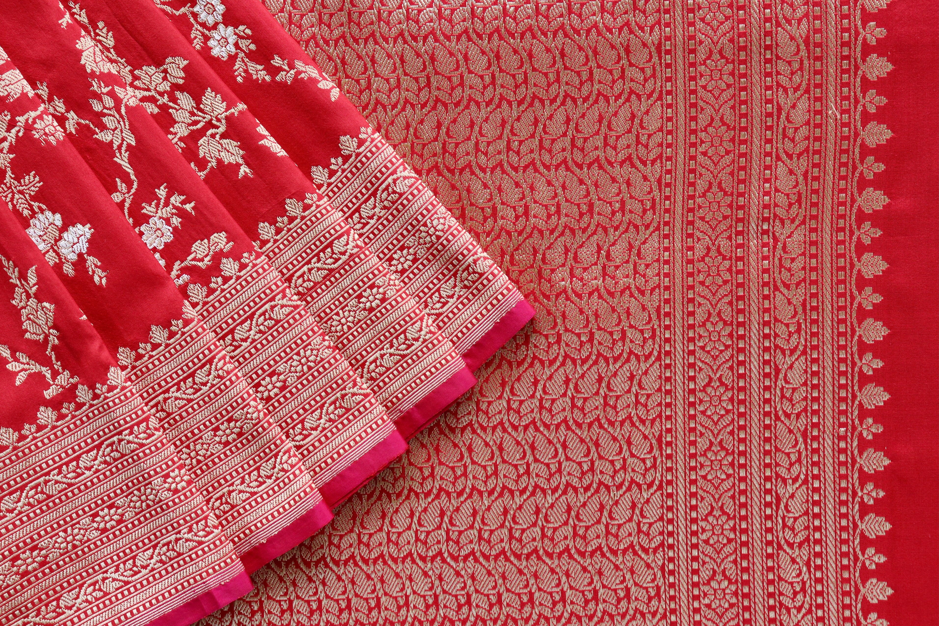 Red Gulab Jangla Pure Silk Handloom Banarasi Saree