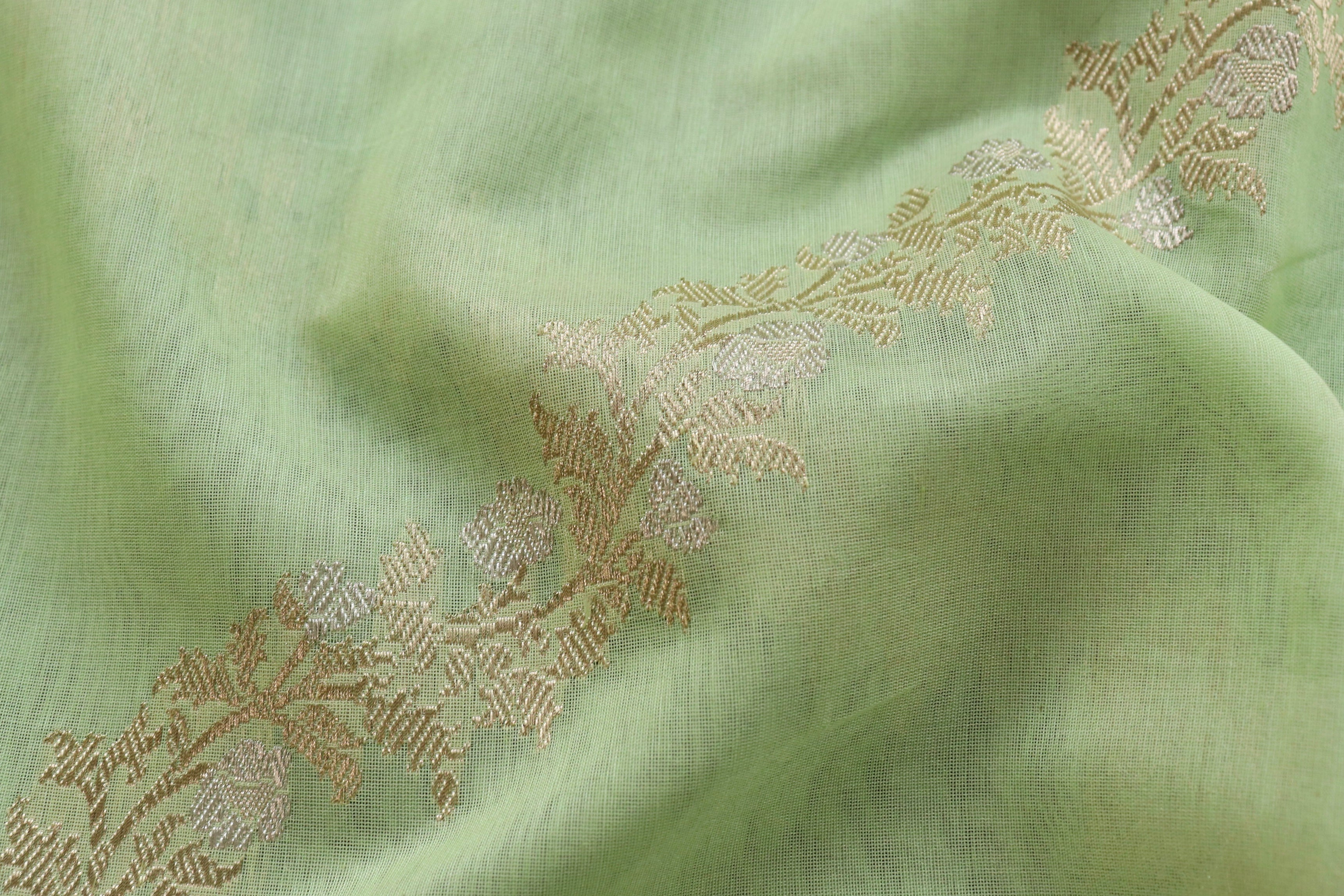 Pista Green Aada Jangla Pure Katan Silk Banarasi Saree