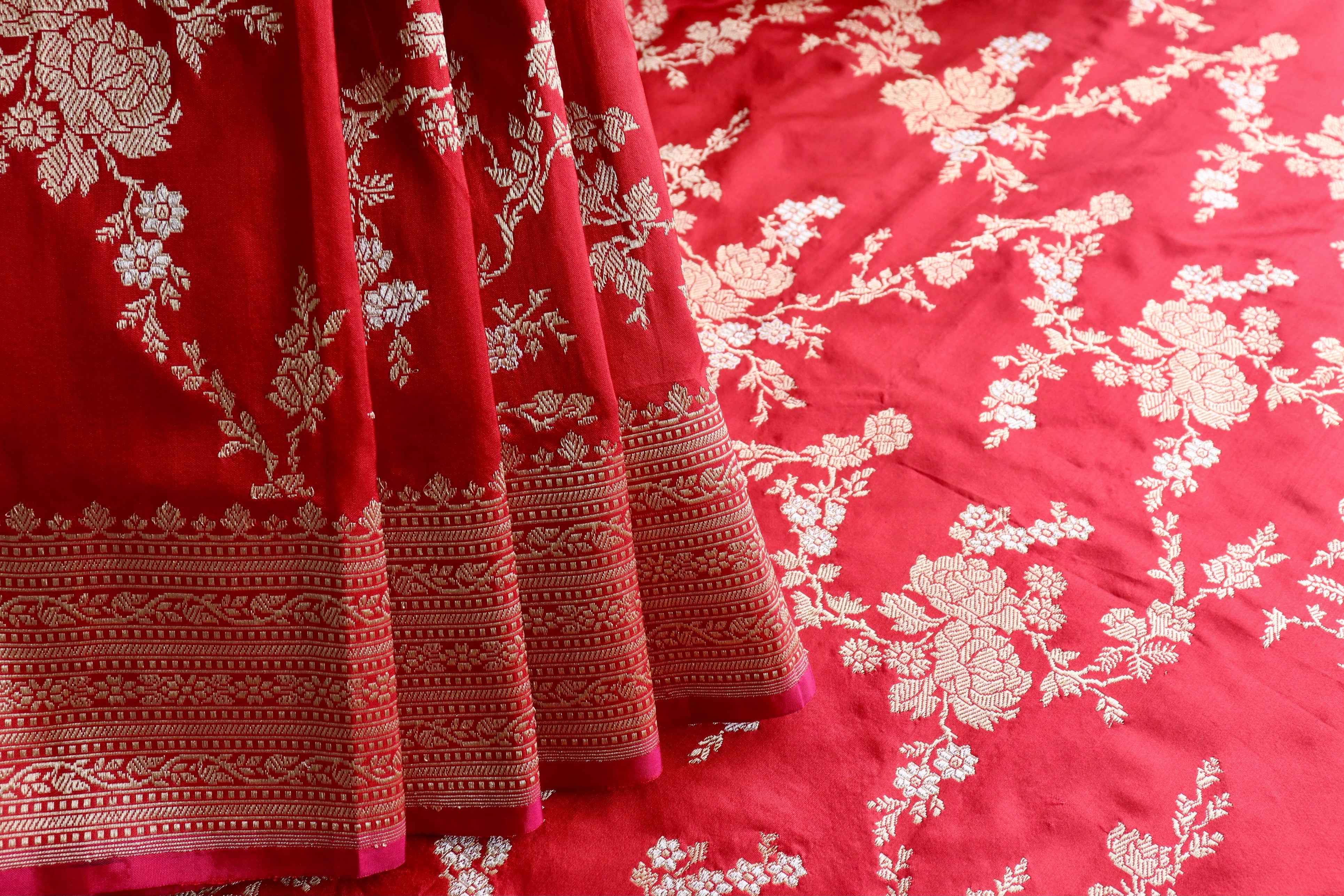 Red Gulab Jangla Pure Silk Handloom Banarasi Saree