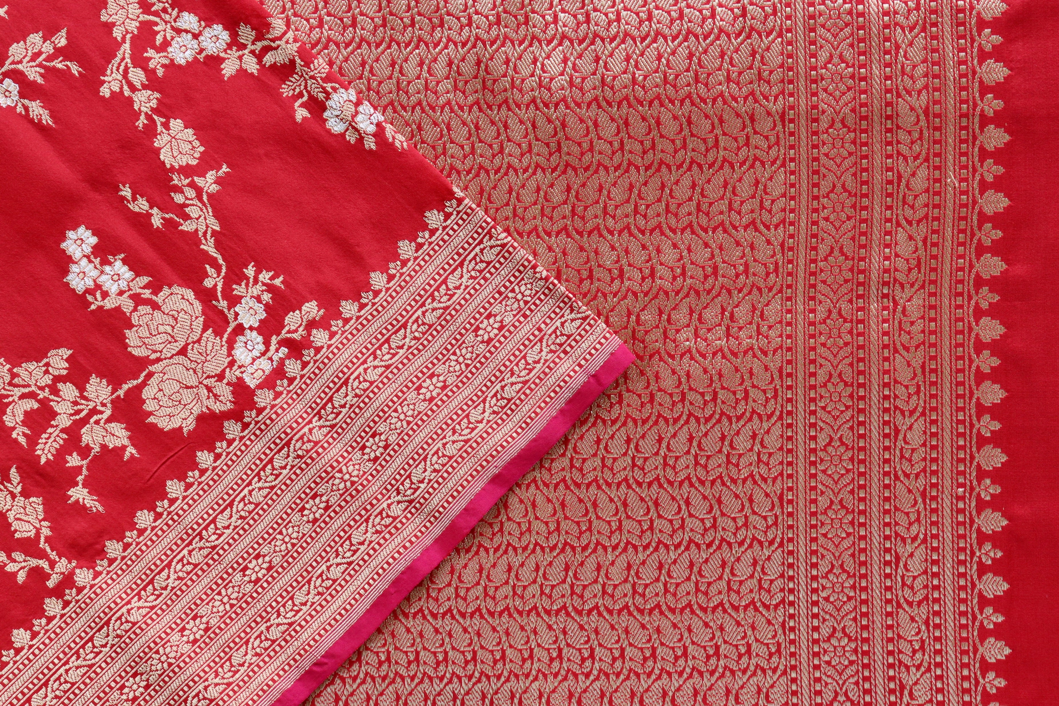 Red Gulab Jangla Pure Silk Handloom Banarasi Saree