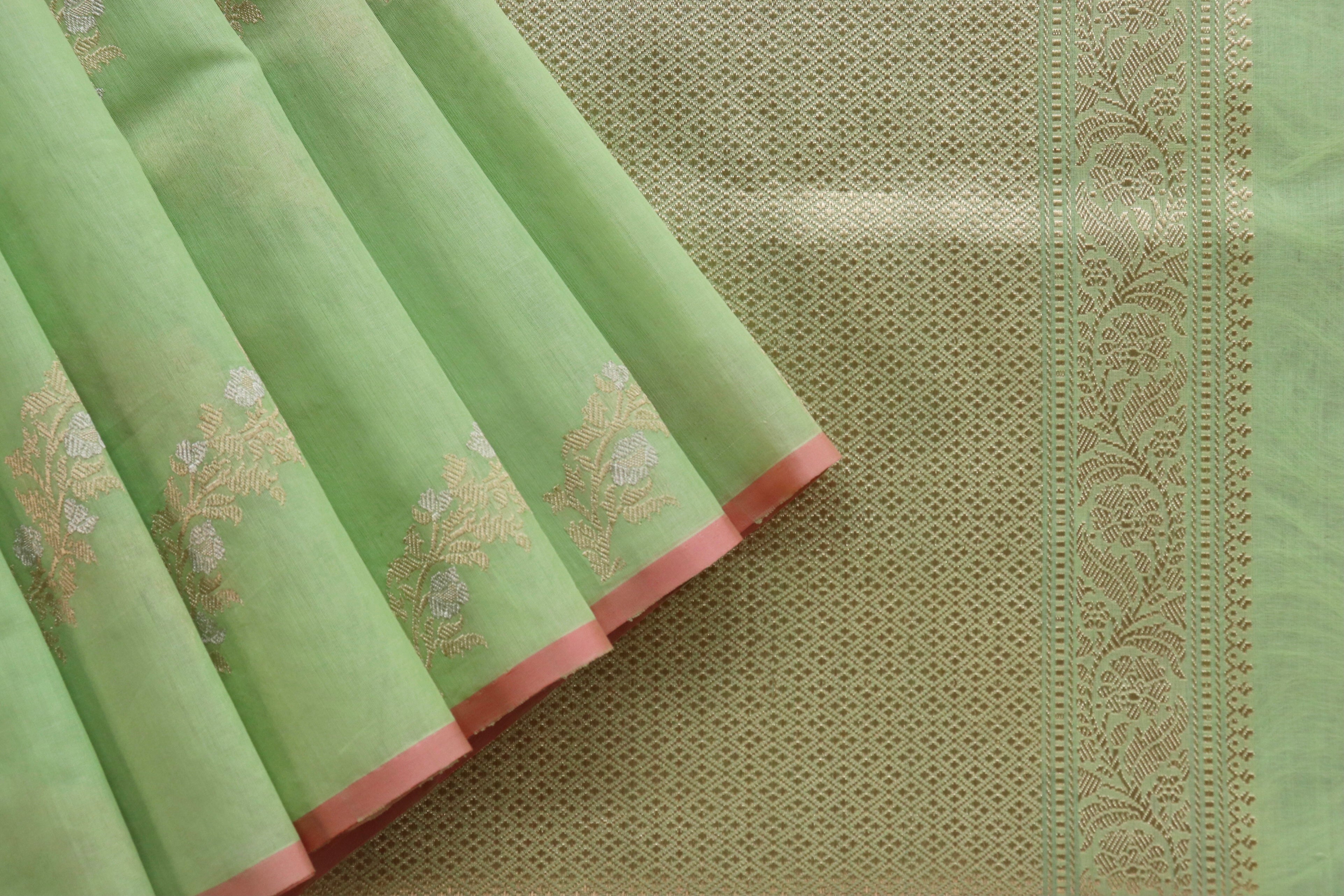 Pista Green Aada Jangla Pure Katan Silk Banarasi Saree