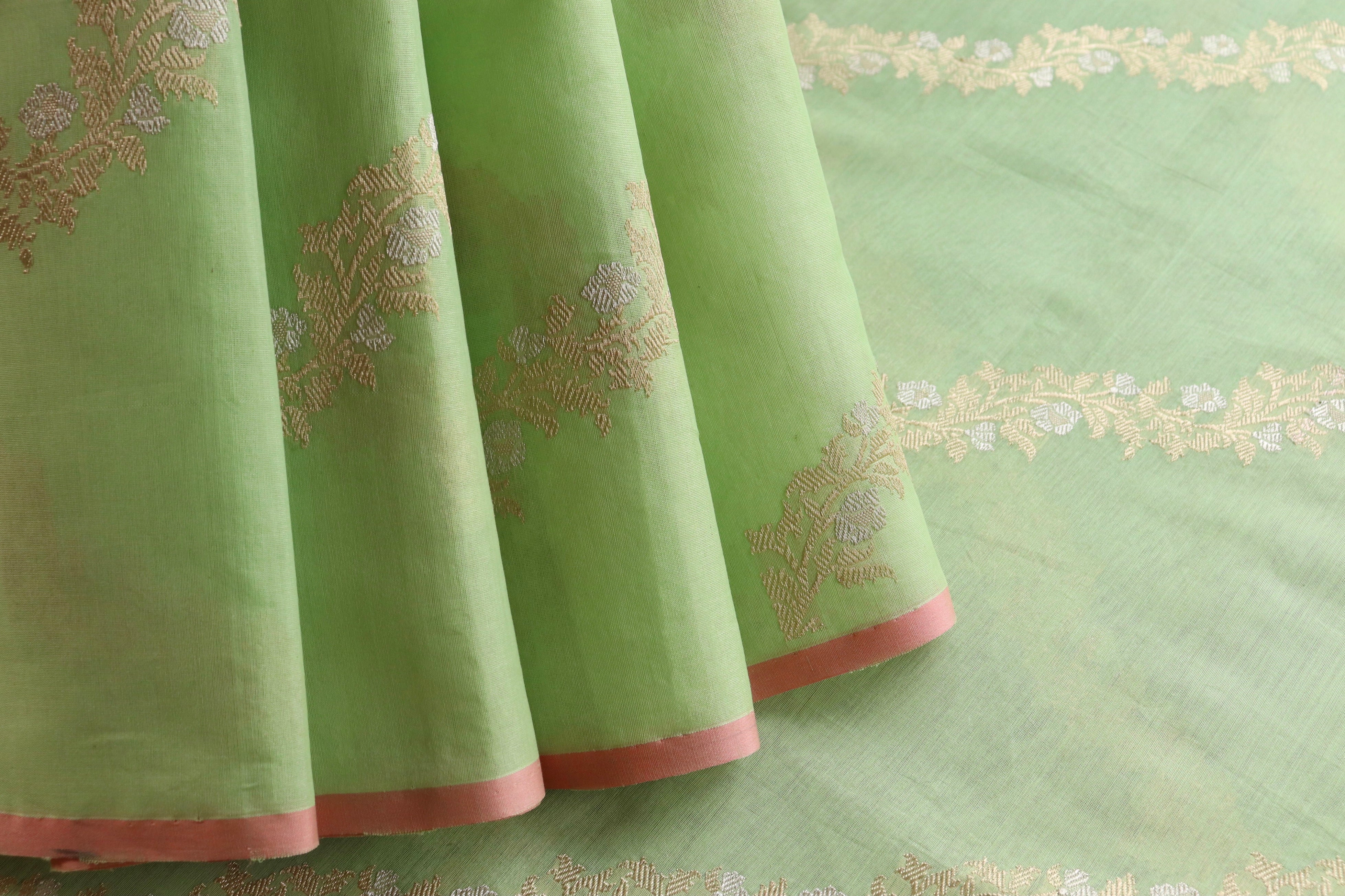 Pista Green Aada Jangla Pure Katan Silk Banarasi Saree