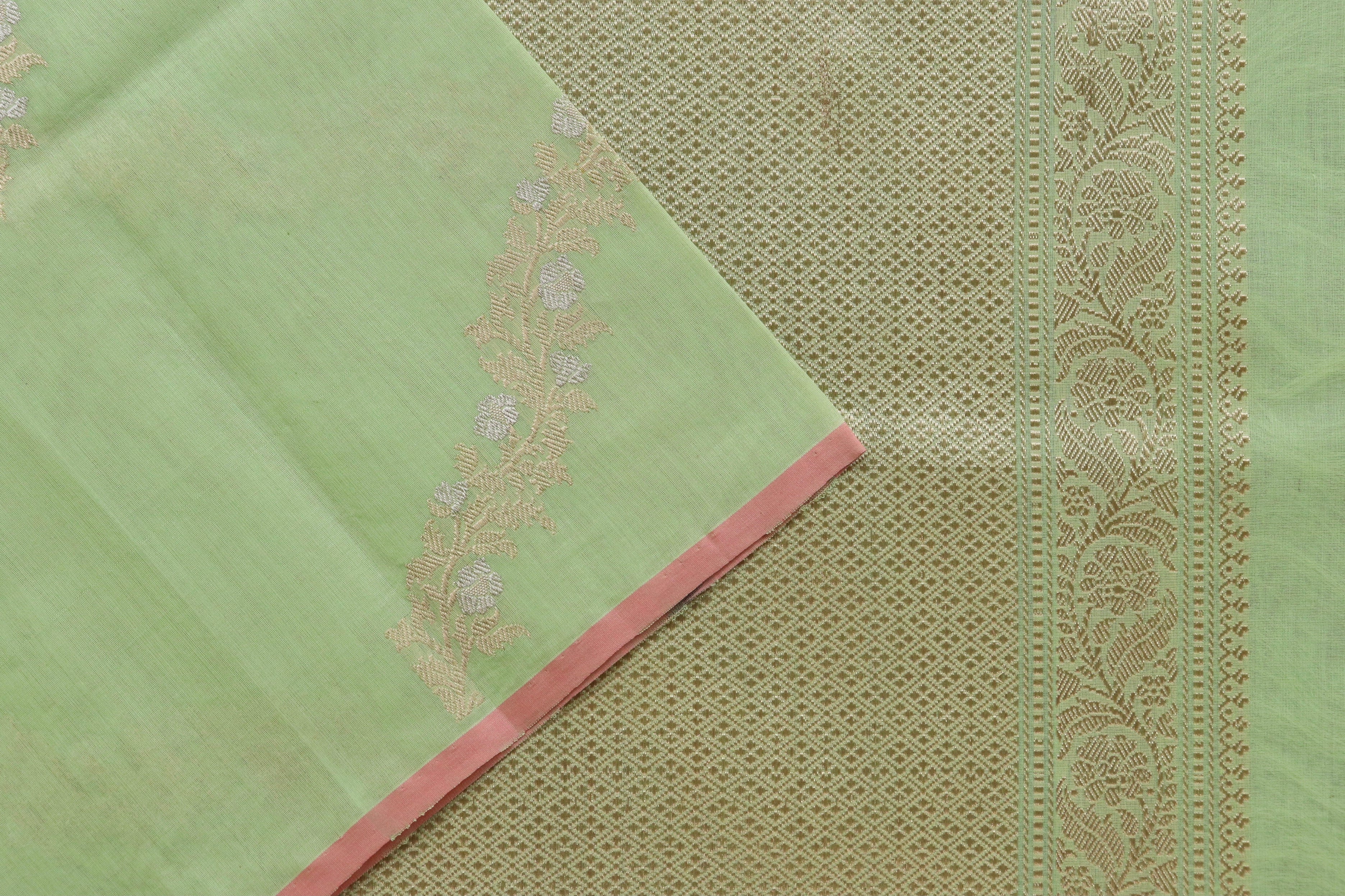 Pista Green Aada Jangla Pure Katan Silk Banarasi Saree
