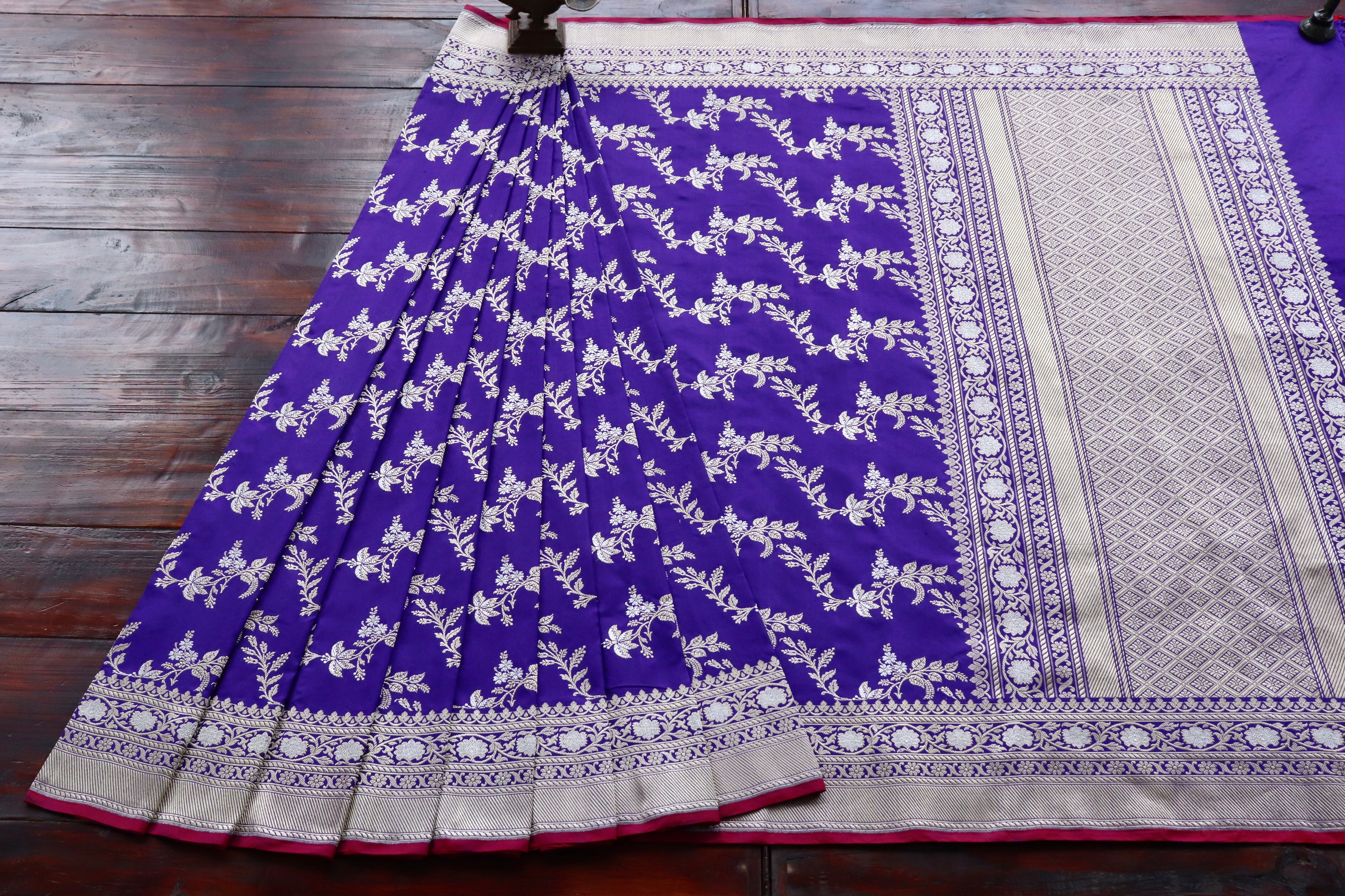 Purple Blue Kadhua Phool Jangla Katan Silk Saree