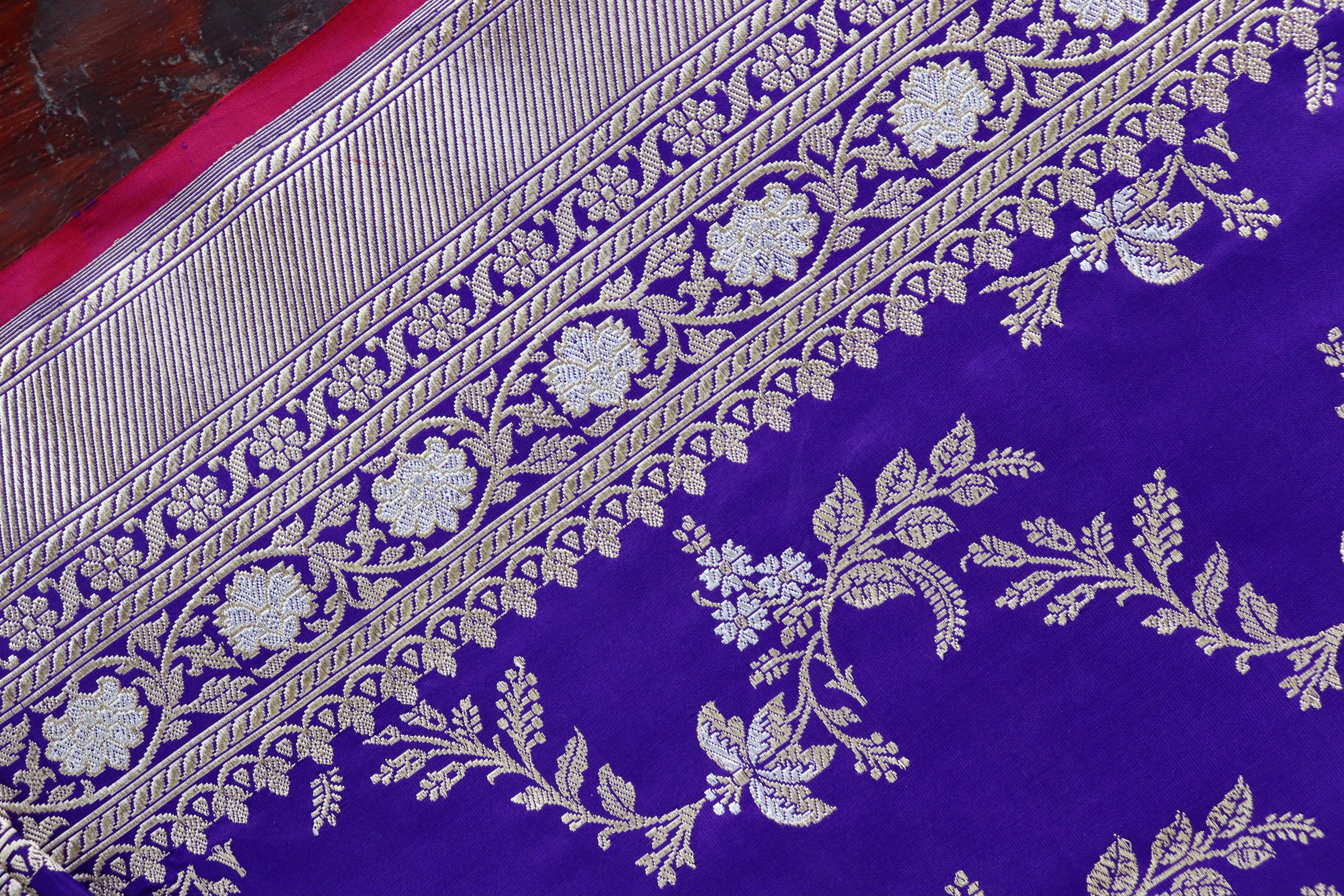 Purple Blue Kadhua Phool Jangla Katan Silk Saree