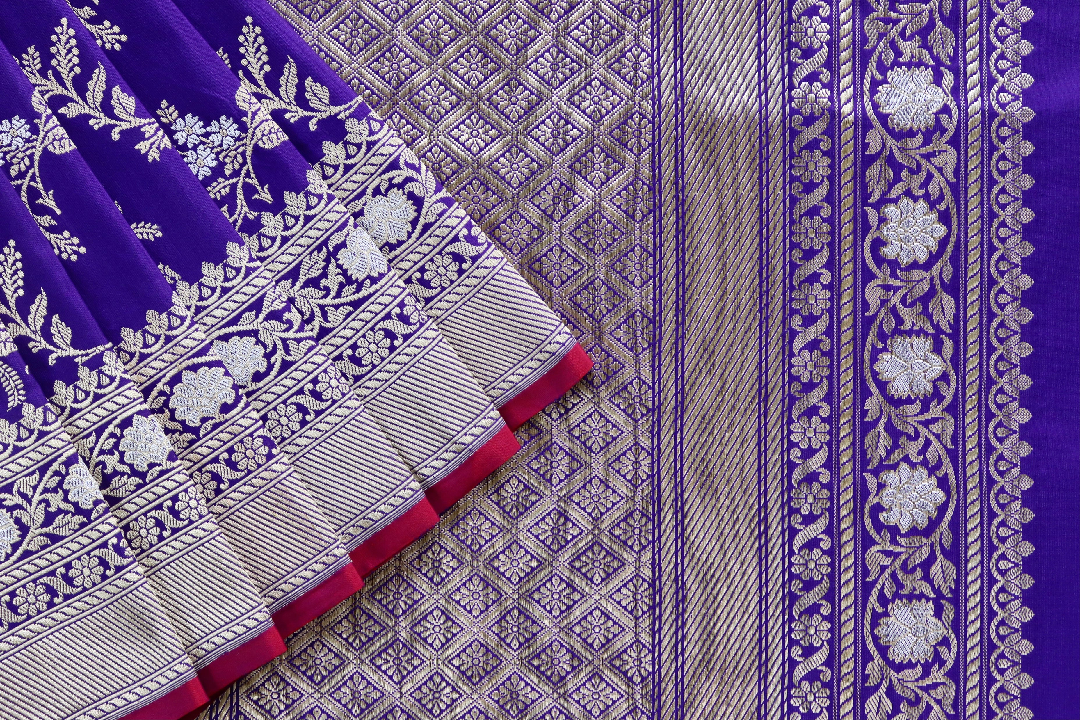 Purple Blue Kadhua Phool Jangla Katan Silk Saree