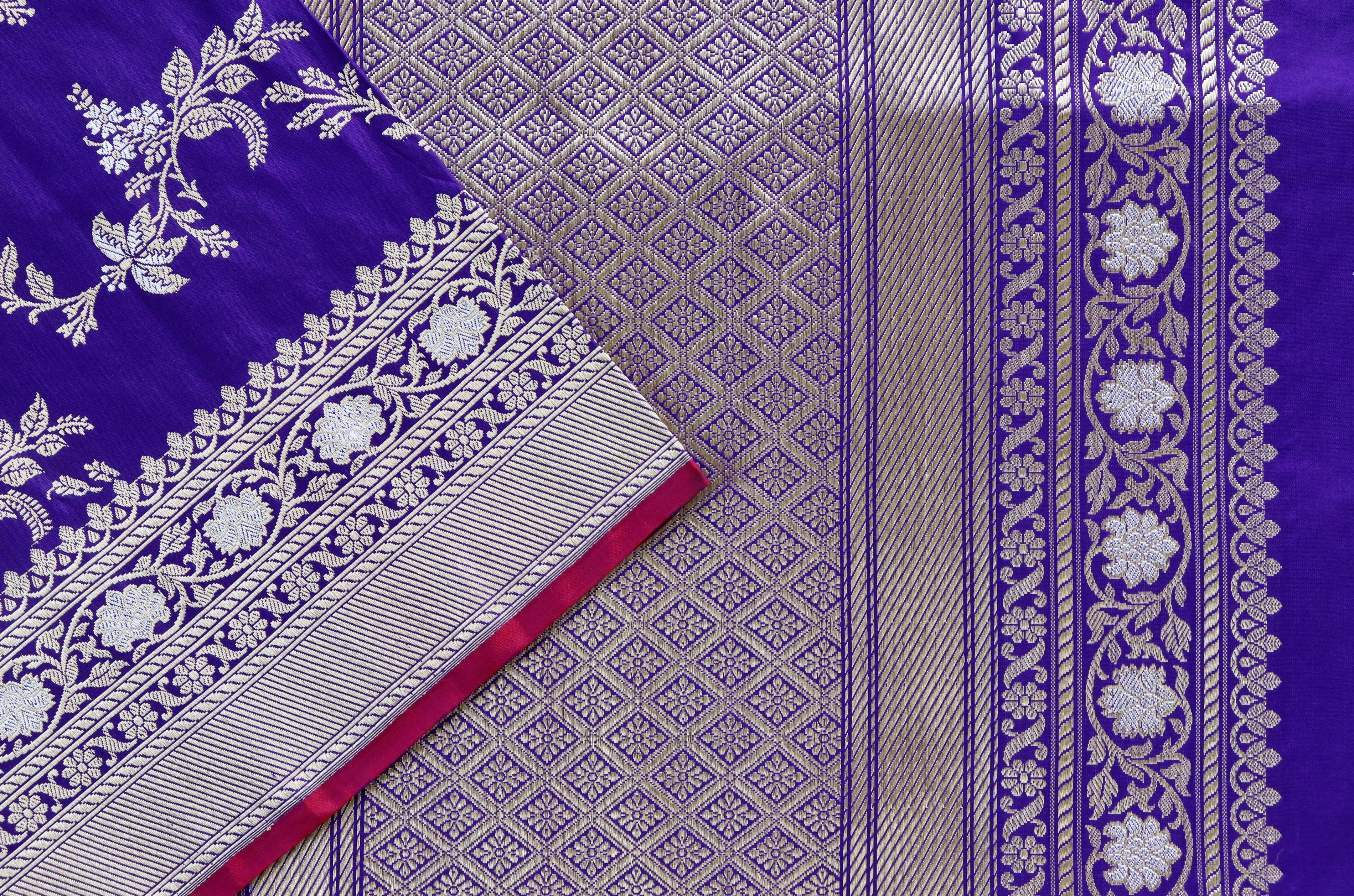 Purple Blue Kadhua Phool Jangla Katan Silk Saree